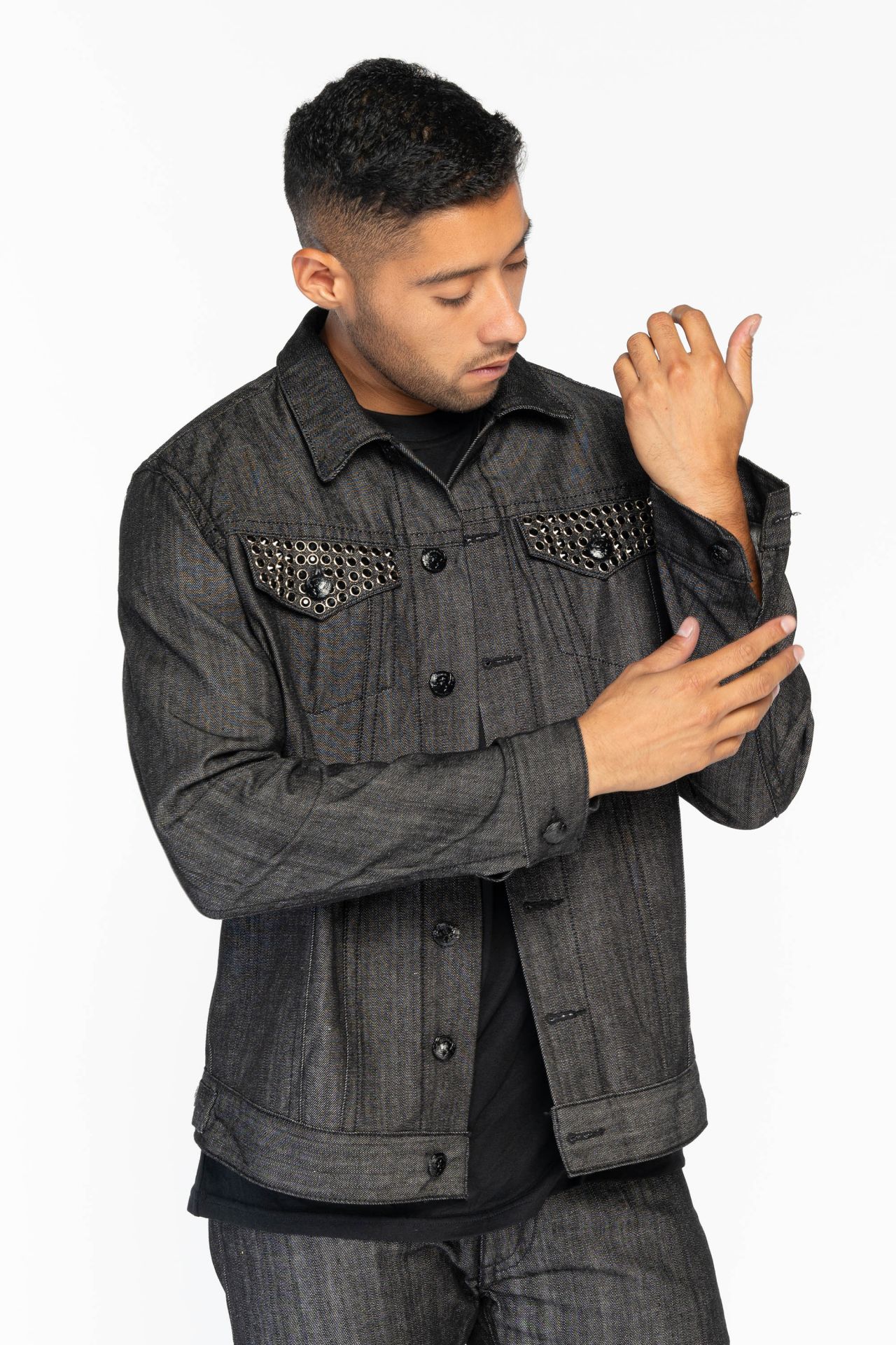 ROBINS RAW DENIM COLLECTION MENS JACKET IN RAW BLACK DENIM WITH PATCHES AND CRYSTALS