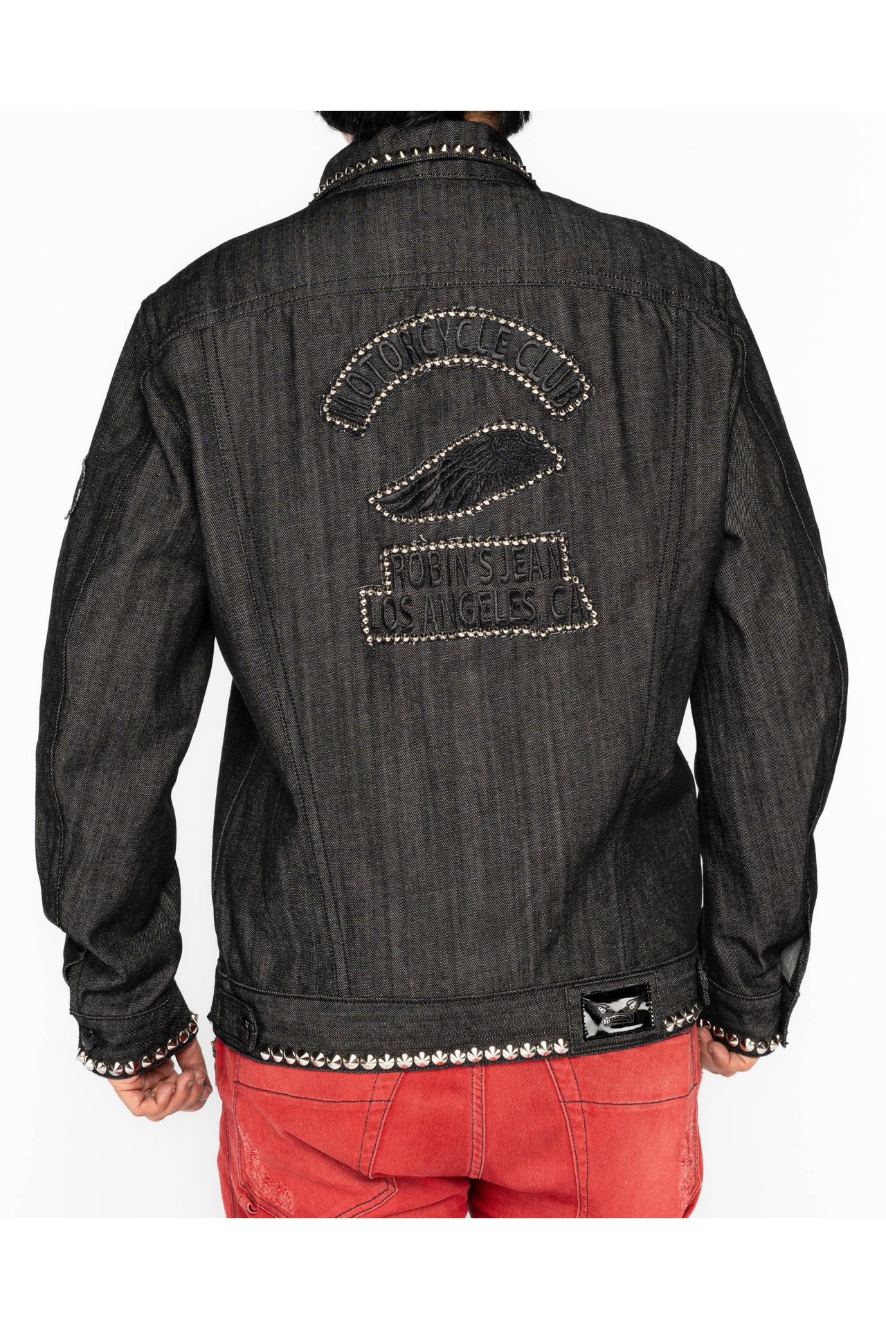 ROBINS RAW DENIM COLLECTION MENS JACKET IN RAW BLACK DENIM WITH PATCHES AND STUDS