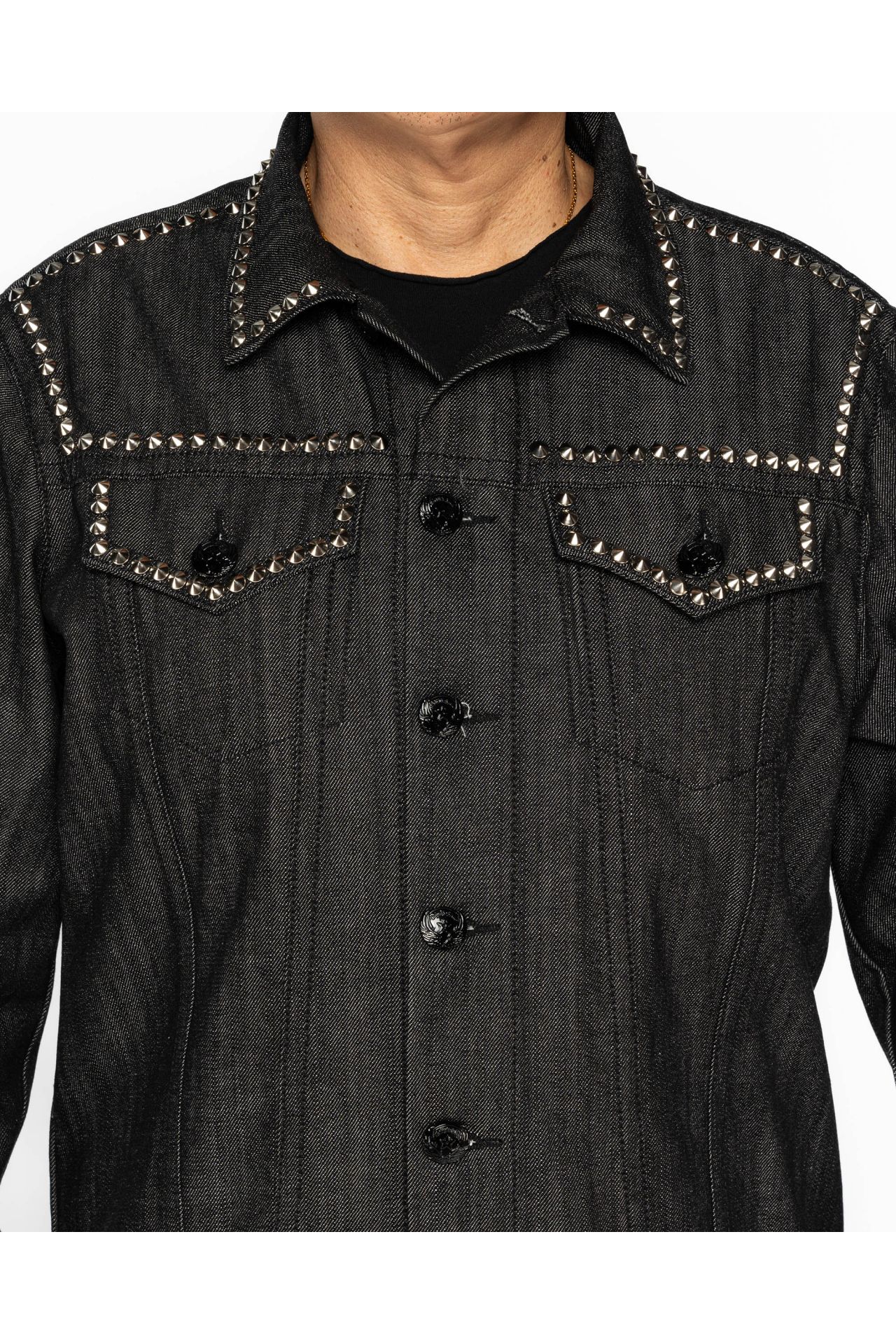 ROBINS RAW DENIM COLLECTION MENS JACKET IN RAW BLACK DENIM WITH PATCHES AND STUDS