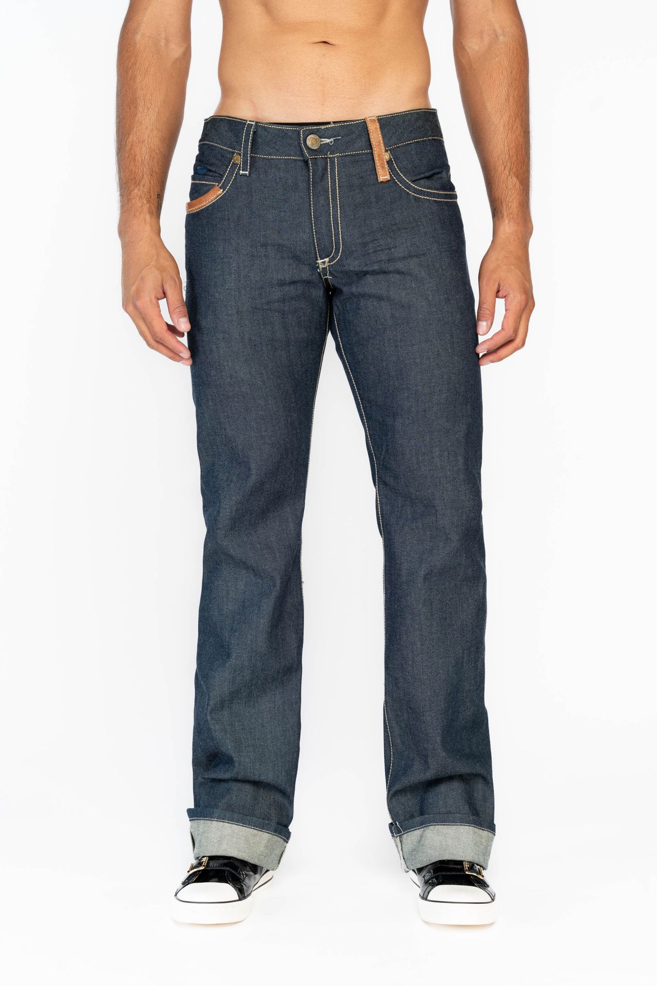 RAW DENIM COLLECTION MENS BOOTCUT JEANS WITH LEATHER INSERTS IN INDIGO RAW