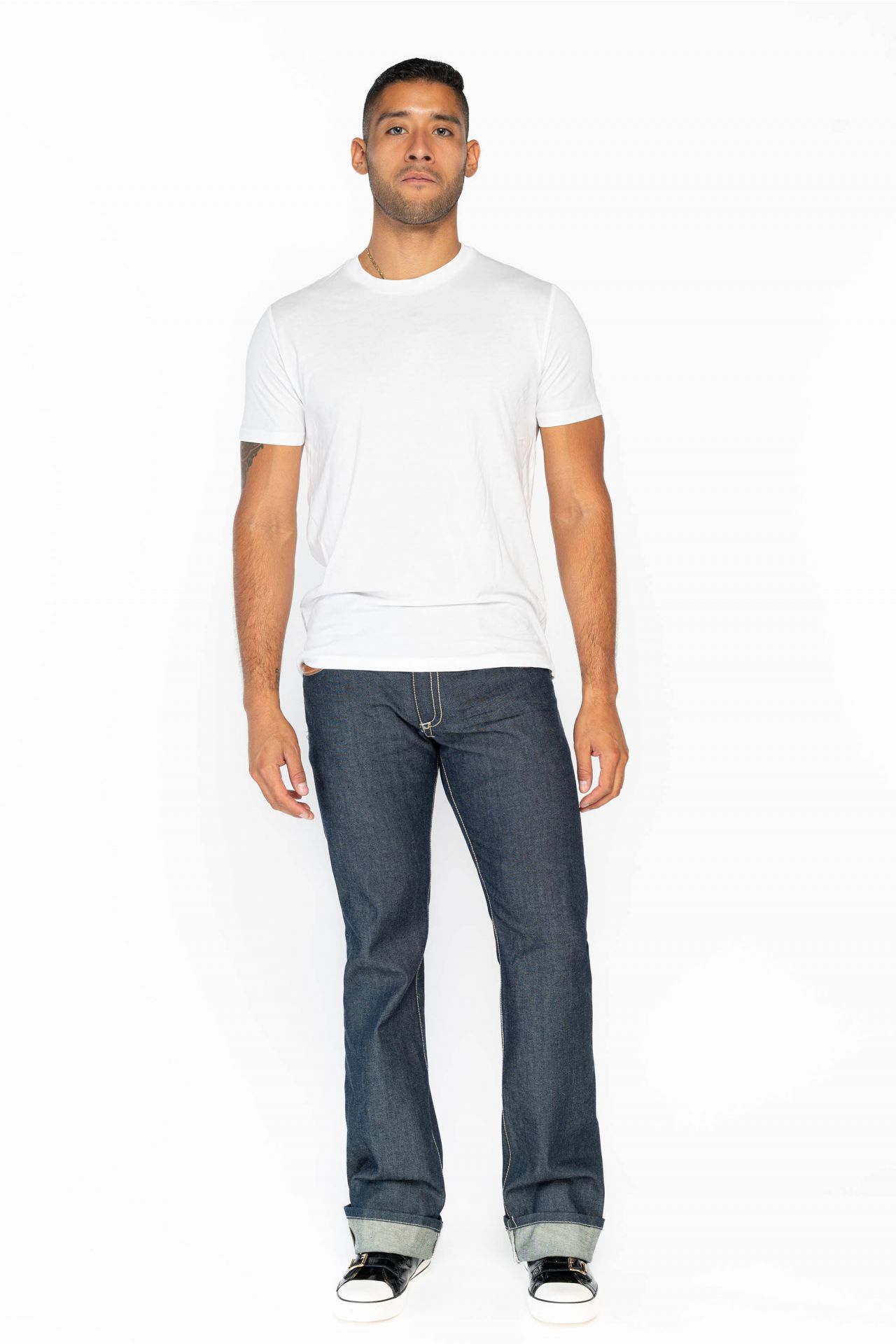RAW DENIM COLLECTION MENS BOOTCUT JEANS WITH LEATHER INSERTS IN INDIGO RAW