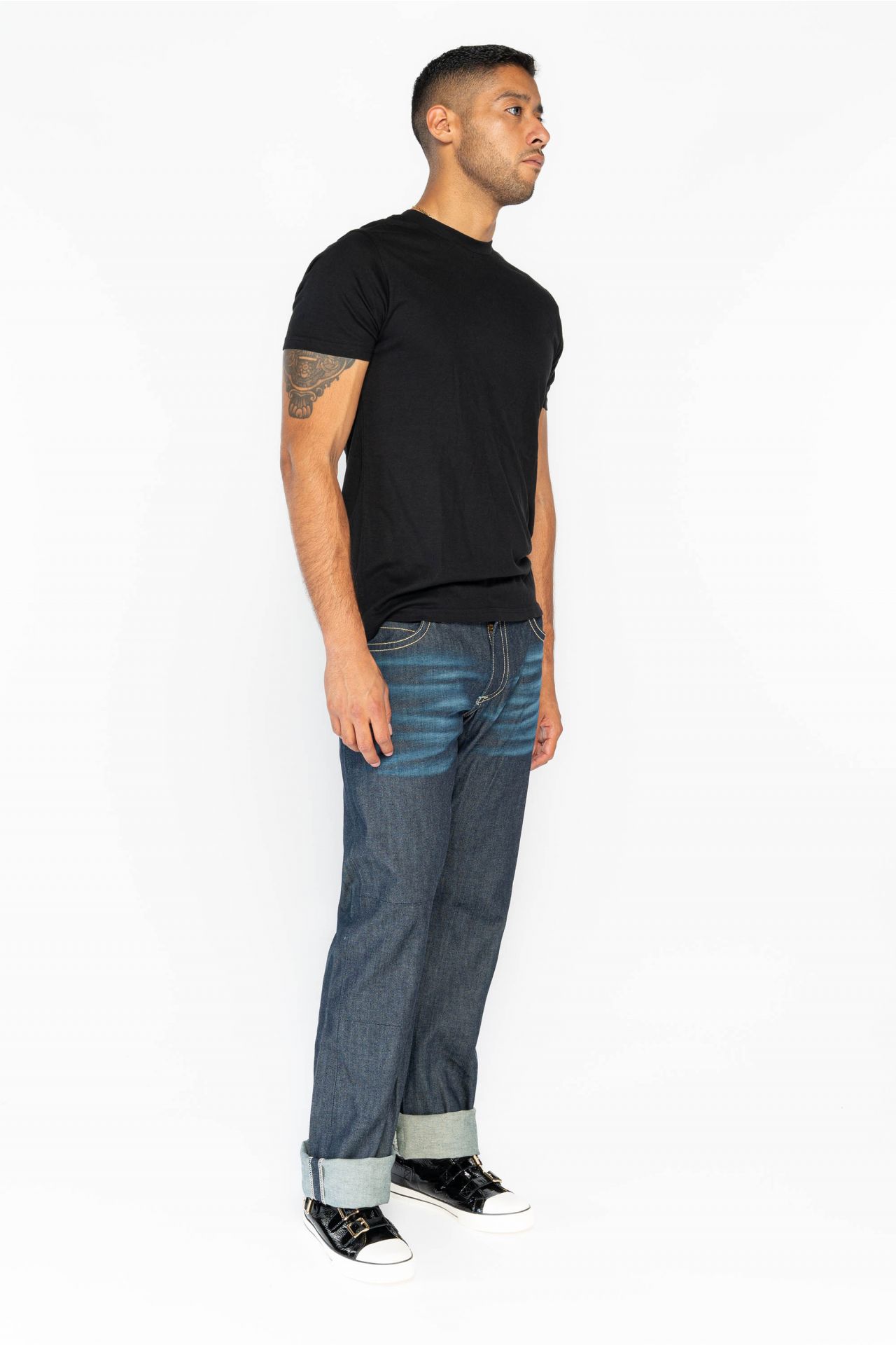 RAW DENIM COLLECTION MENS BOOTCUT SANDED JEANS WITH EMBROIDERY AND HEAVY CONTRAST STITCHING