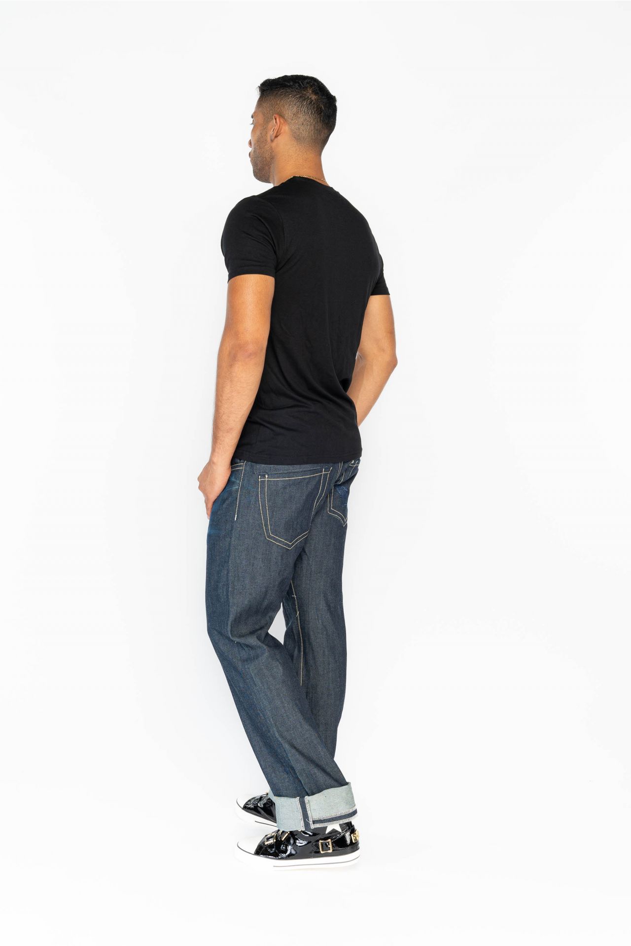 RAW DENIM COLLECTION MENS BOOTCUT SANDED JEANS WITH EMBROIDERY AND HEAVY CONTRAST STITCHING