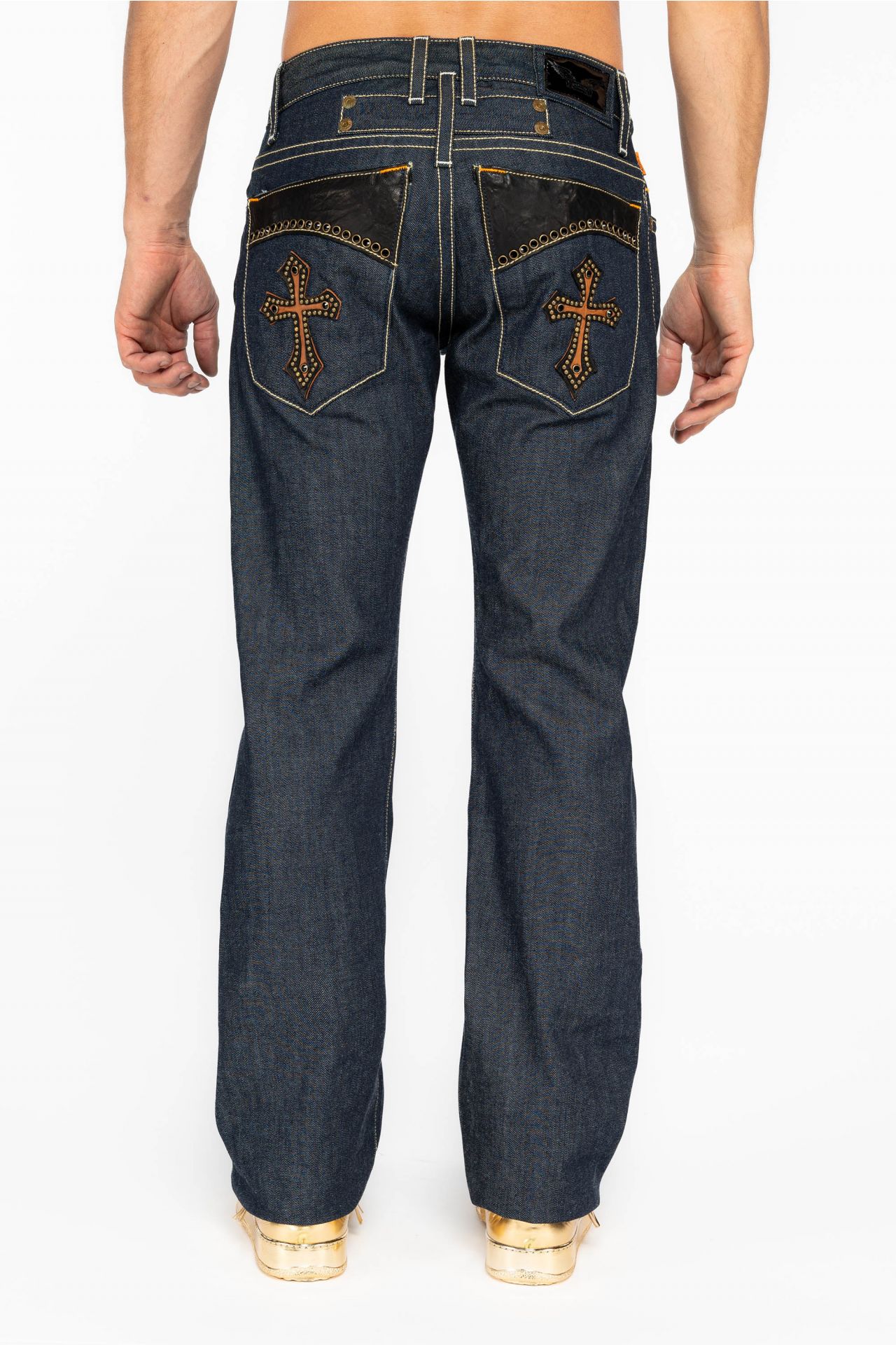ROBIN'S RAW DENIM COLLECTION MENS STRAIGHT GOTHIC CROSS JEANS WITH LEATHER PATCHES WITH CRYSTALS