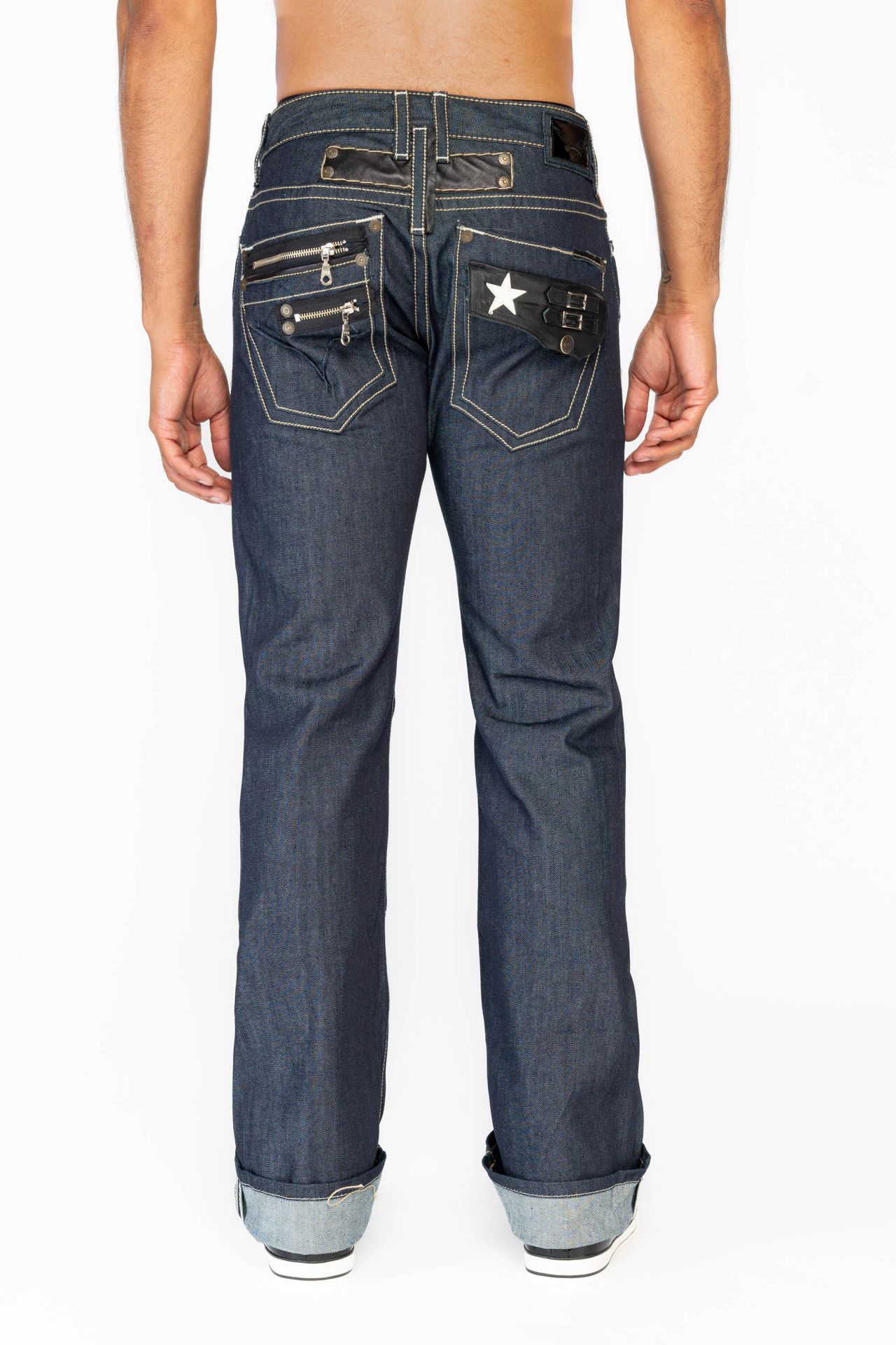 RAW DENIM MENS BOOT CUT JEANS WITH CONTRAST STITCHING AND LEATHER INSERTS