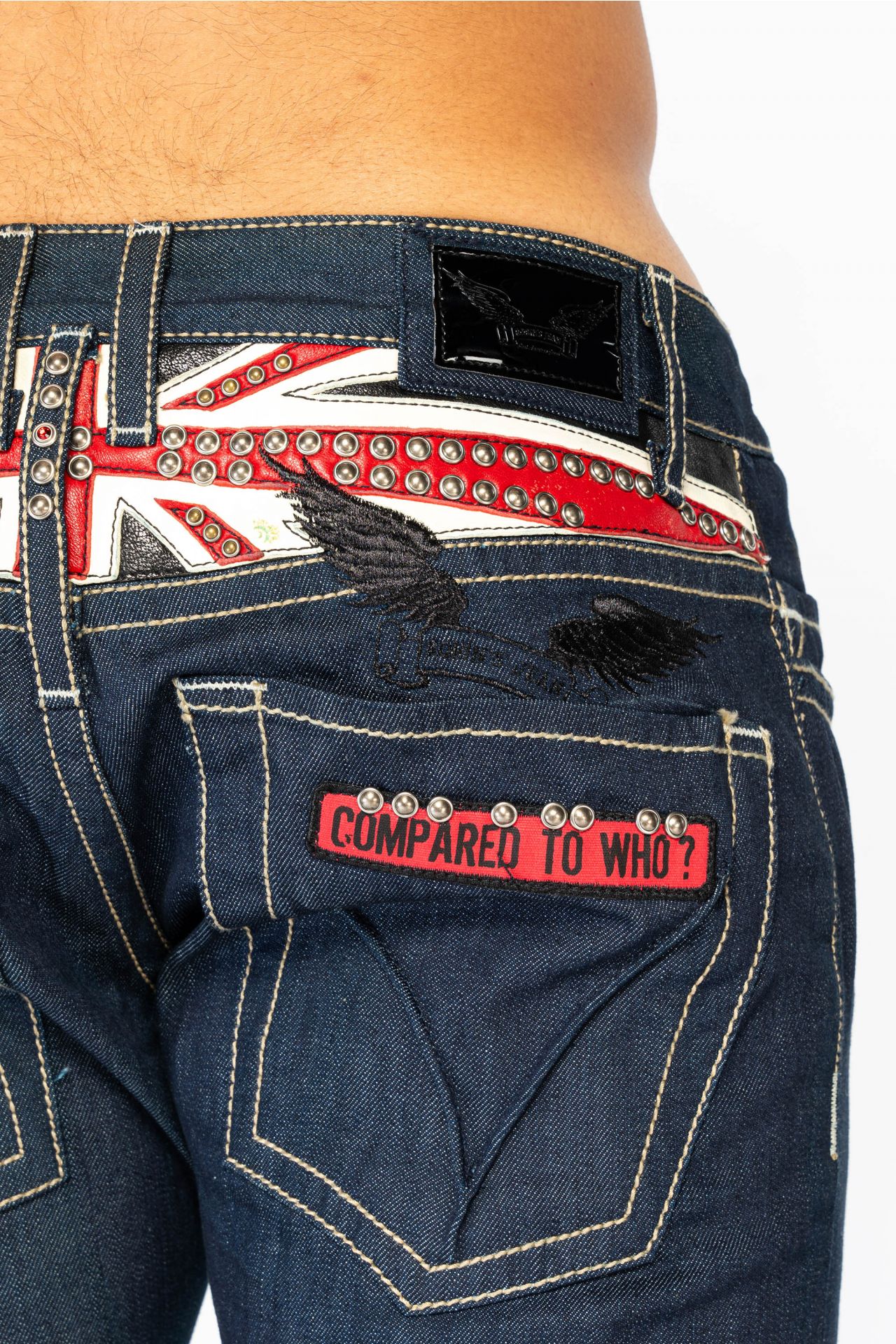 BRITISH FLAG MENS CLASSIC SLIM FIT JEANS WITH LEATHER AND STUDS