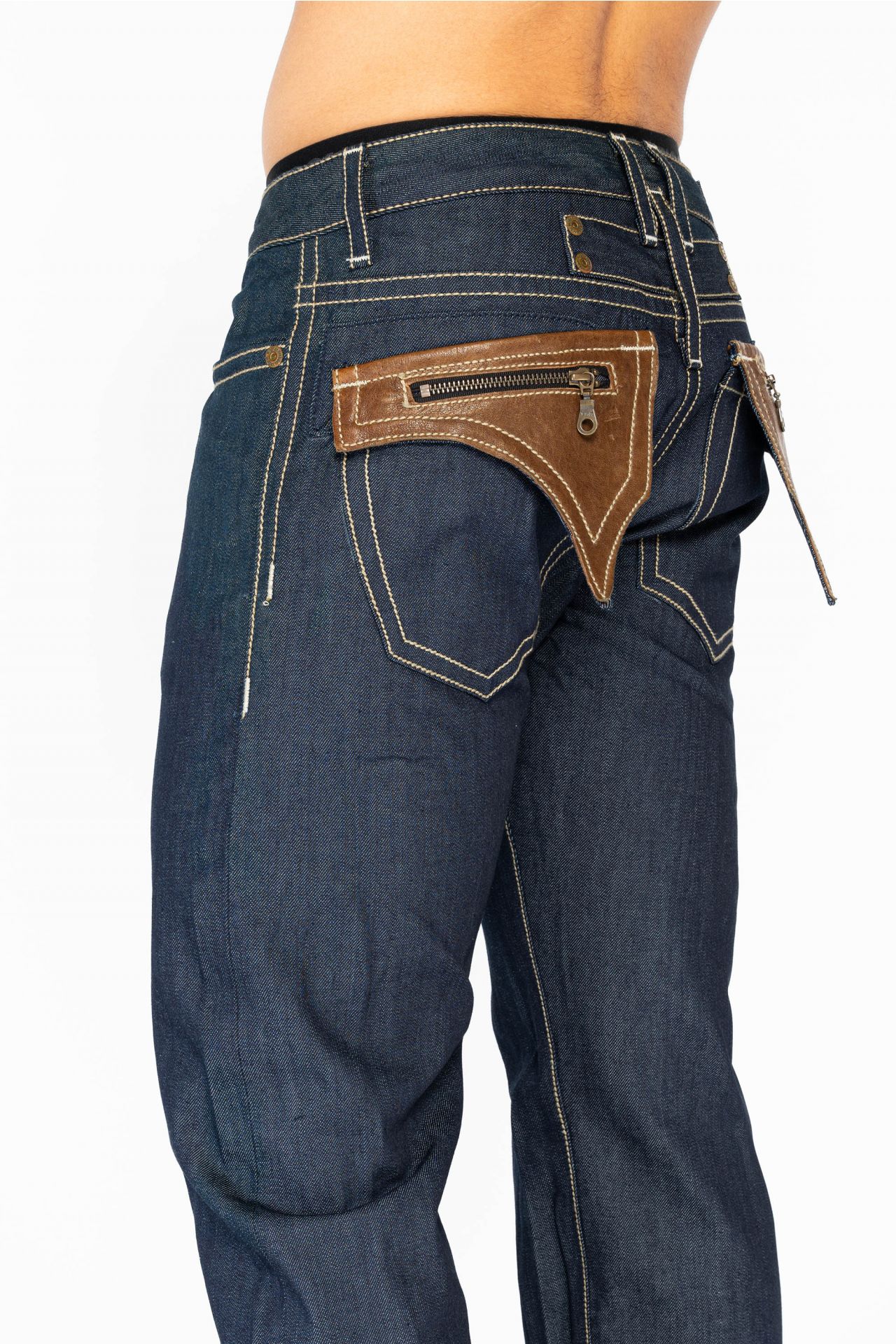 ROBIN'S RAW DENIM COLLECTION MOTORCYCLE CLUB JEANS WITH LEATHER POCKETS