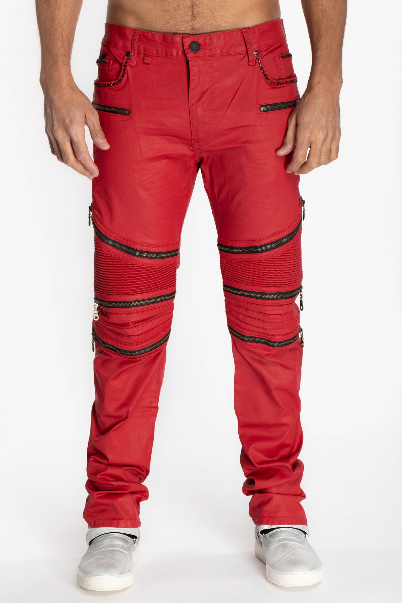 MENS BIKER SLIM JEANS IN DY RED WITH CRYSTALS