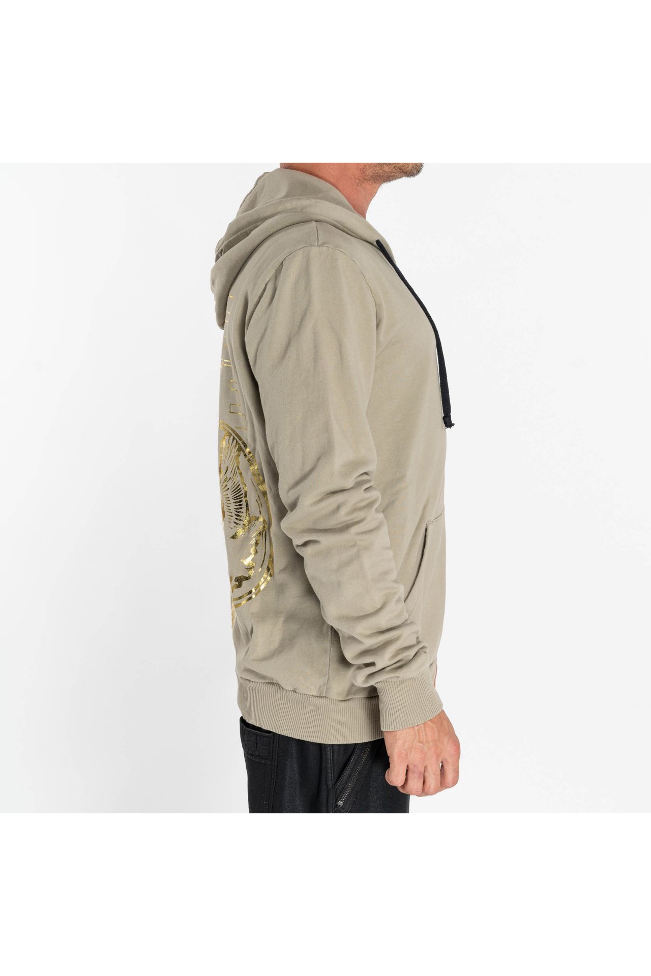 MENS LIVE FREE ZIP HOODIE IN KHAKI WITH GOLD PRINT