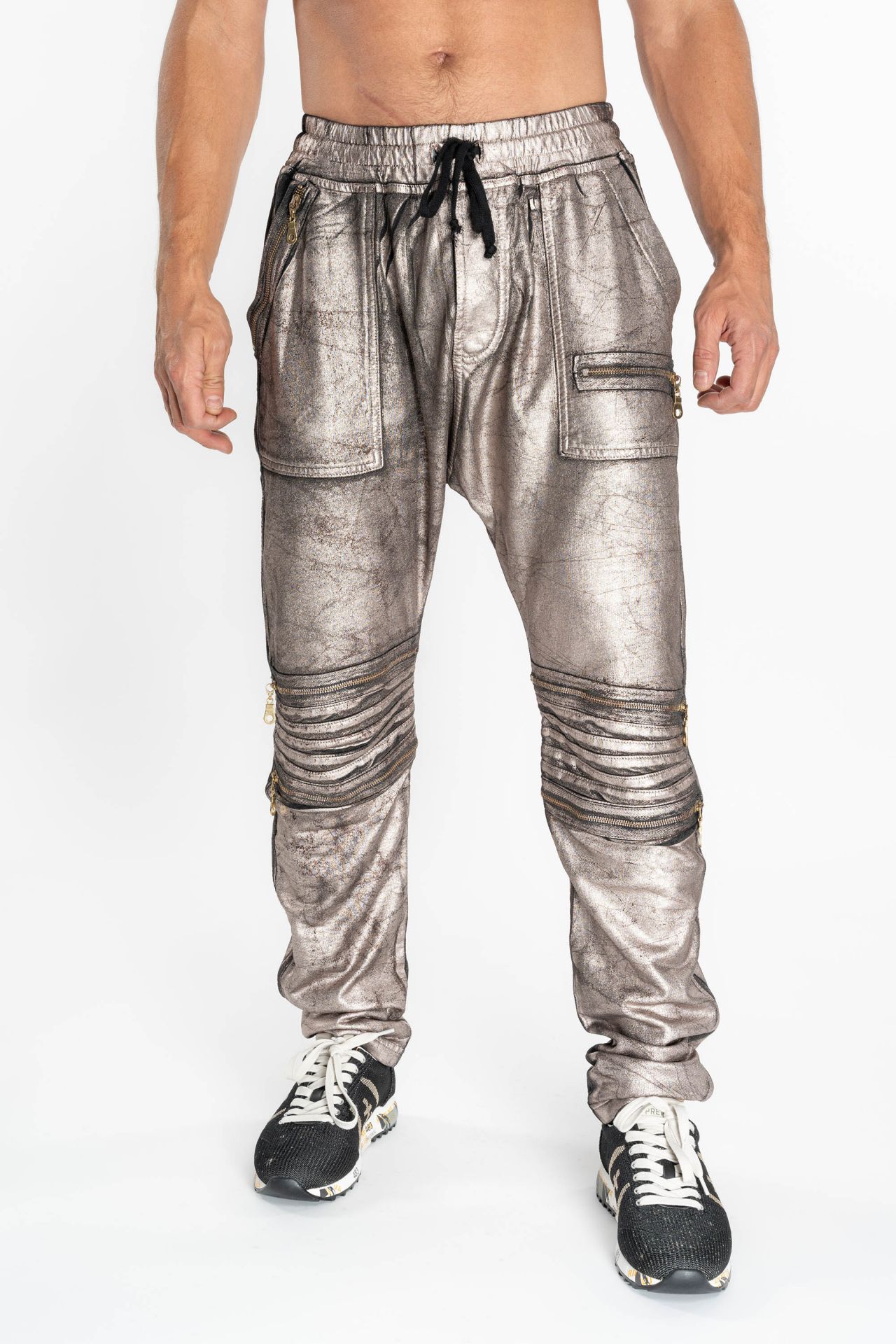 MENS LOW CROTCH MOTO JOGGER WITH ZIPS IN SUNLIGHT ROSE GOLD