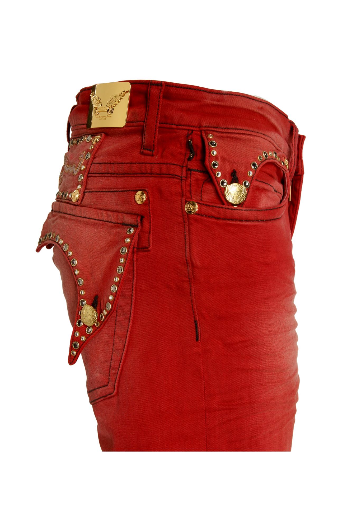 KILLER FLAP  SKINNY MENS JEANS IN F-UP RED WITH CRYSTALS