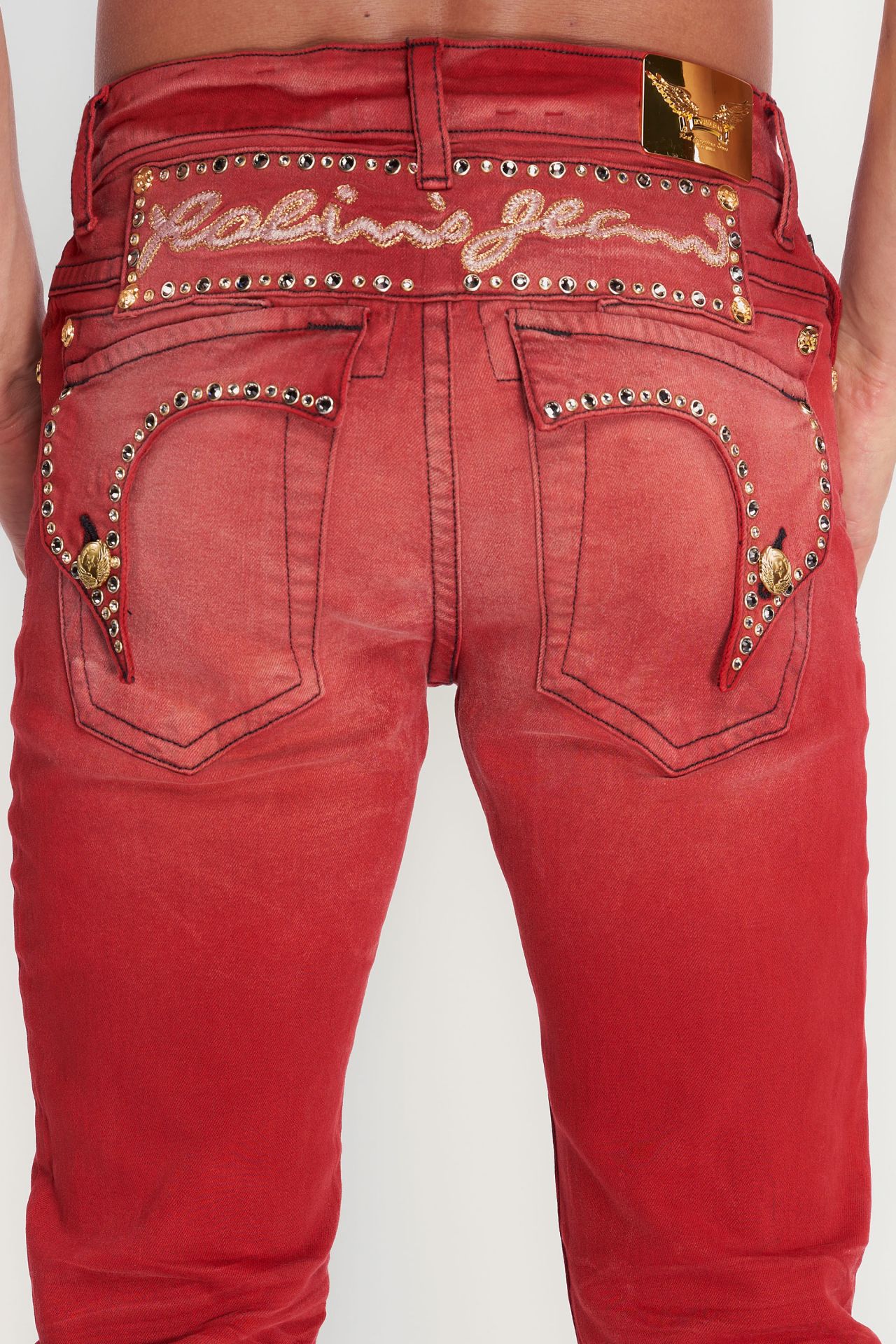 KILLER FLAP  SKINNY MENS JEANS IN F-UP RED WITH CRYSTALS