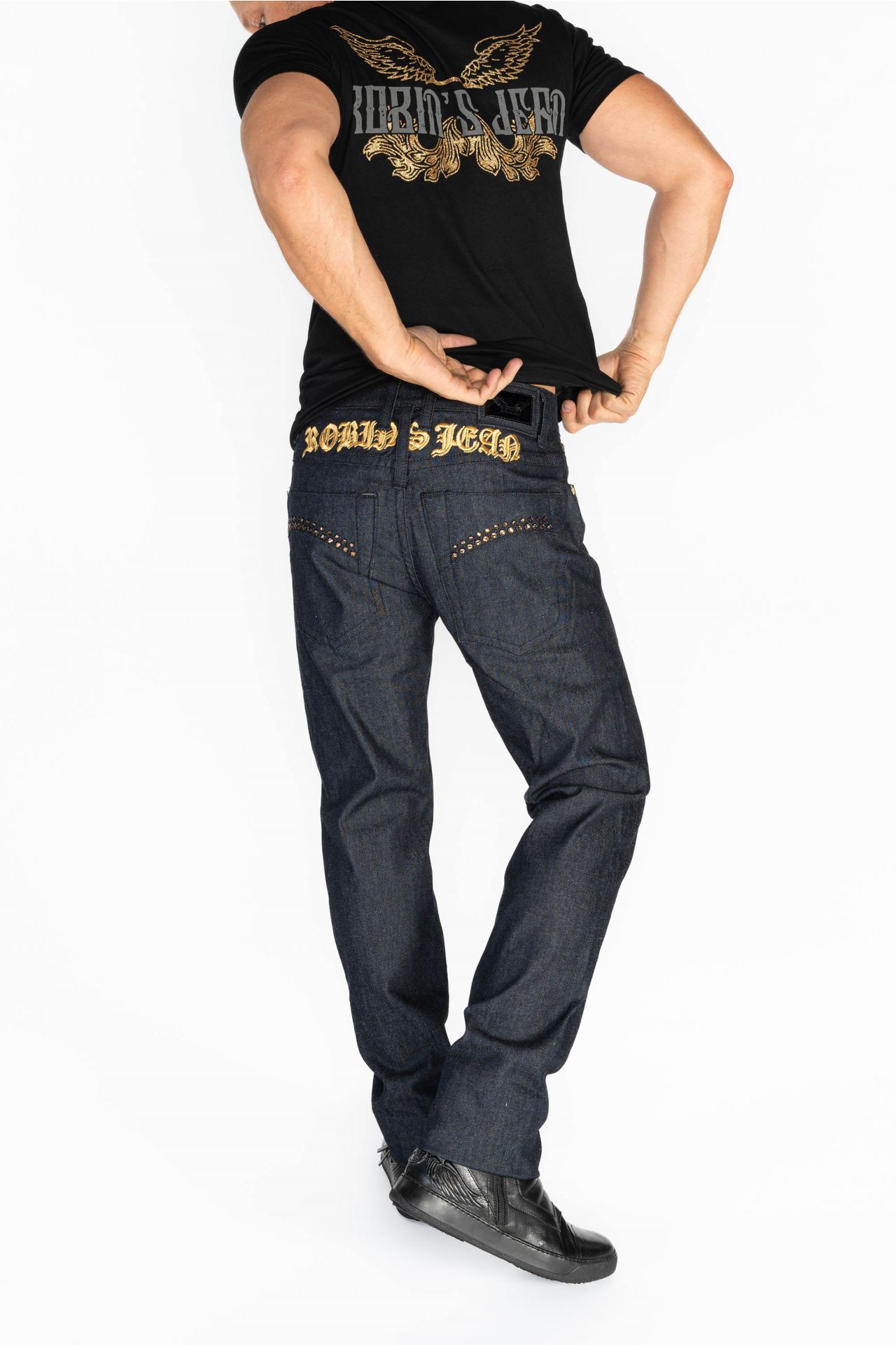 MENS RAW DENIM SLIM FIT JEANS WITH O.E. GOLD EMBROIDERY AND CRYSTALS