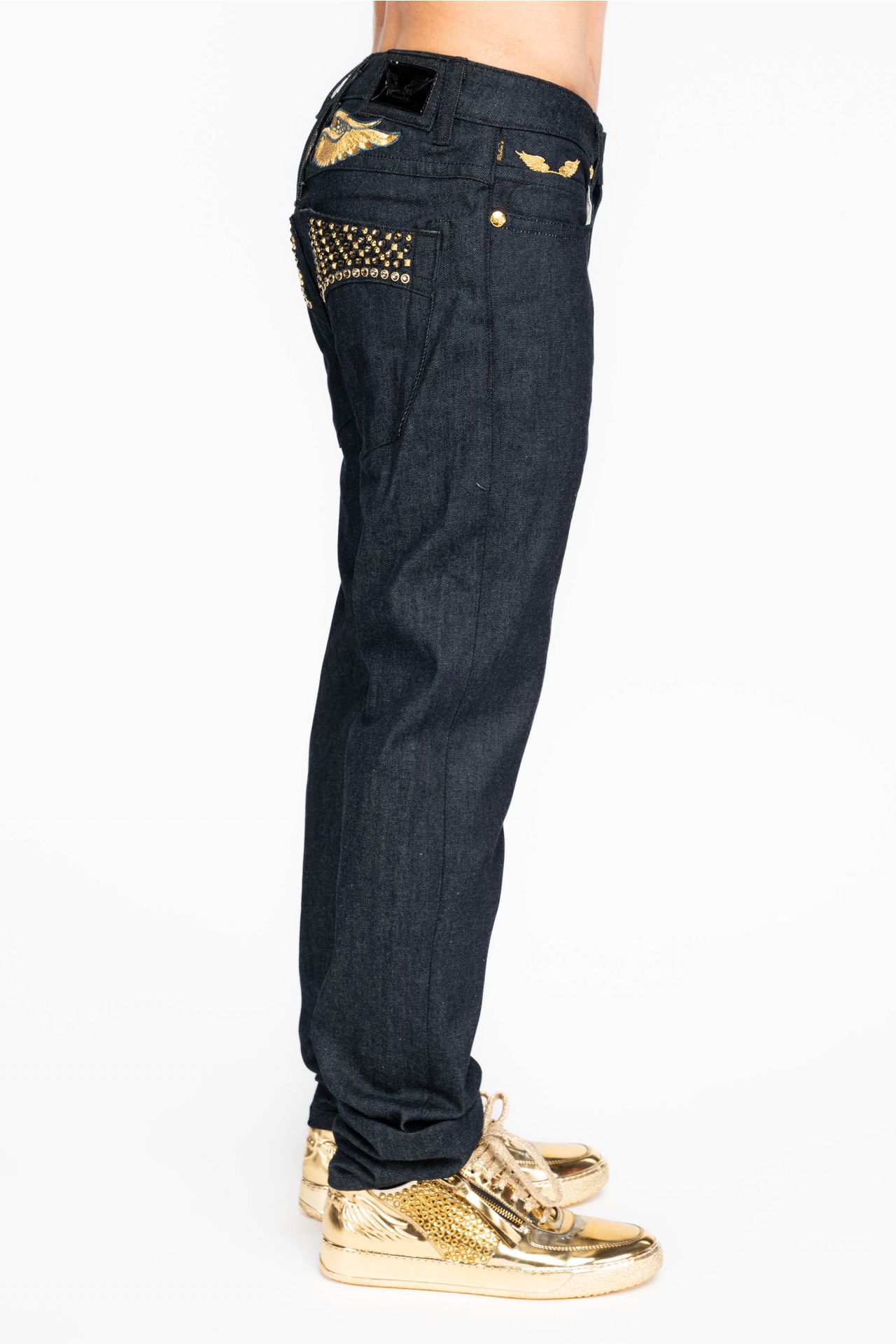 MENS RAW DENIM SLIM FIT JEANS WITH GOLD DUOTONE WINGS EMBROIDERY STUDS AND CRYSTALS