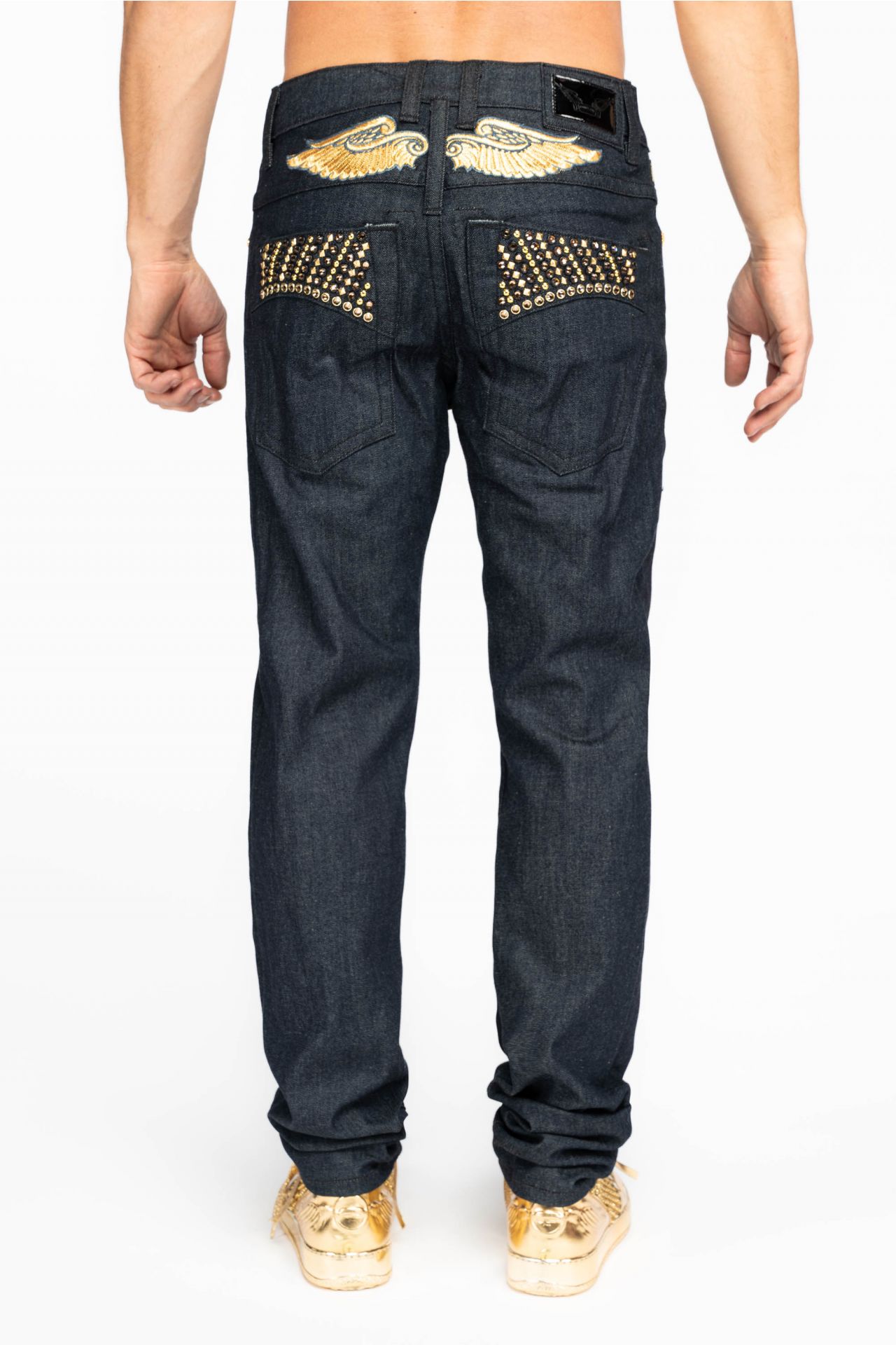 MENS RAW DENIM SLIM FIT JEANS WITH GOLD DUOTONE WINGS EMBROIDERY STUDS AND CRYSTALS