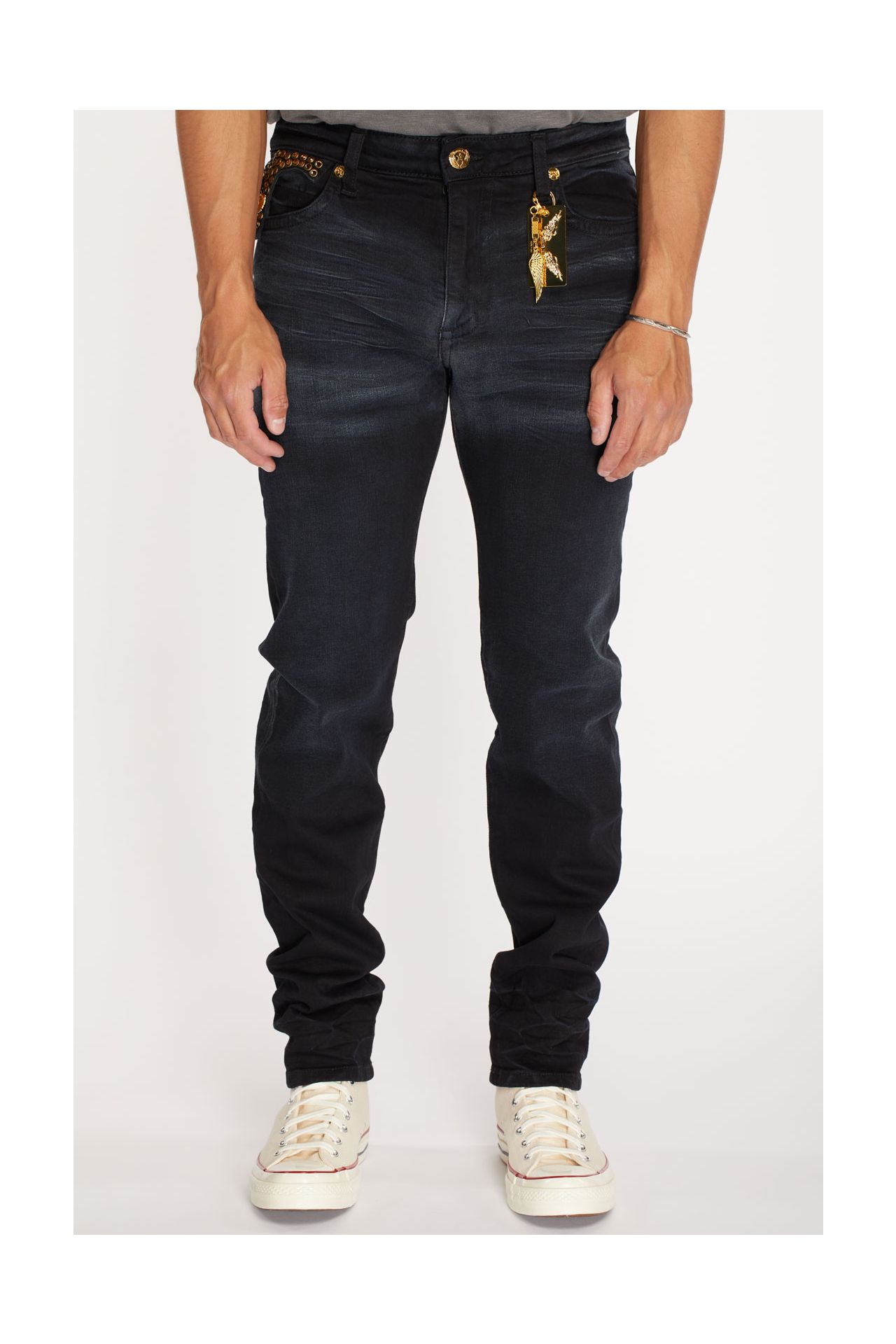 KILLER FLAP SKINNY MENS JEANS IN F_UP BLACK WITH FULL GOLD CRYSTALS