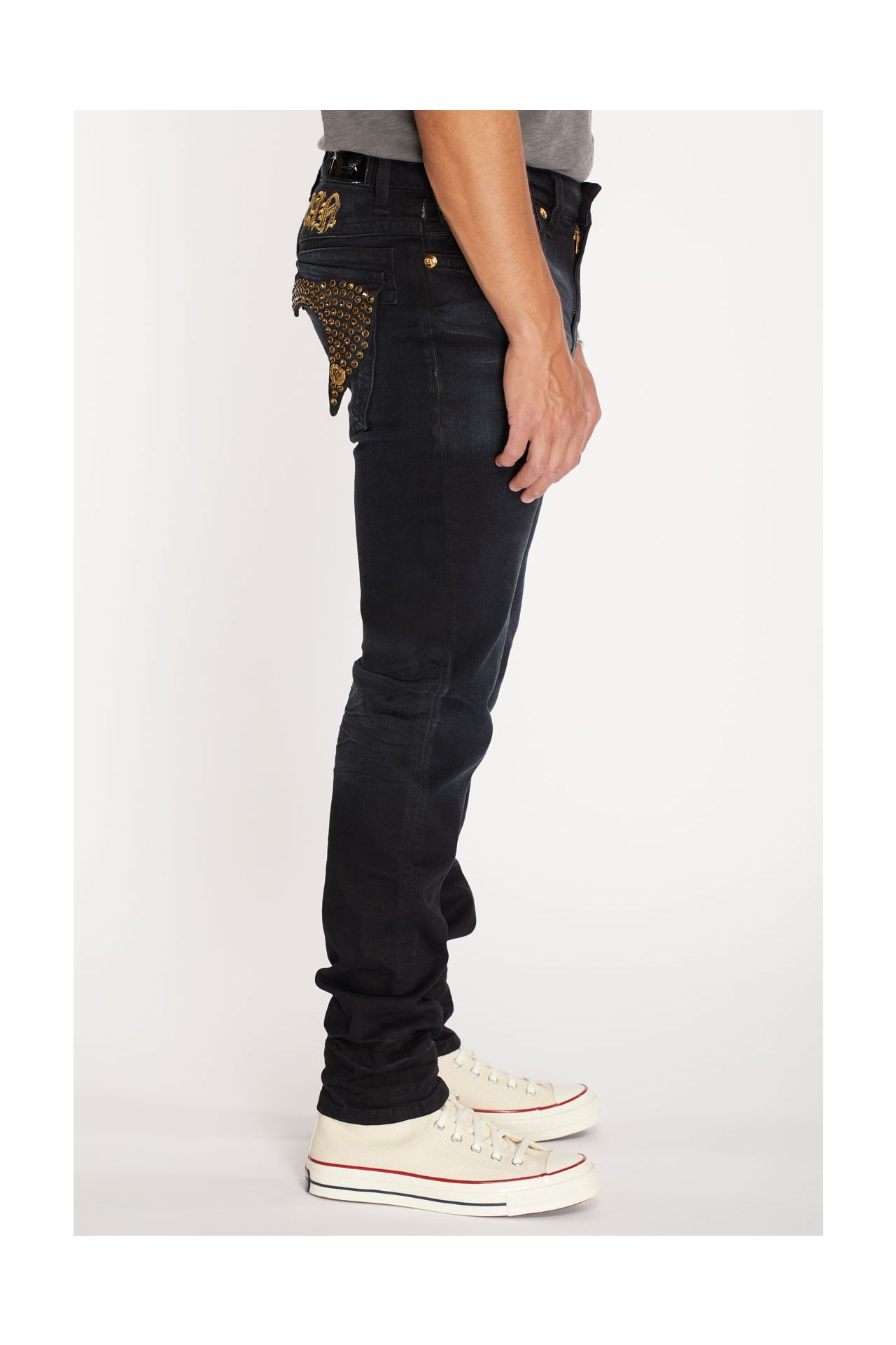 KILLER FLAP SKINNY MENS JEANS IN F_UP BLACK WITH FULL GOLD CRYSTALS