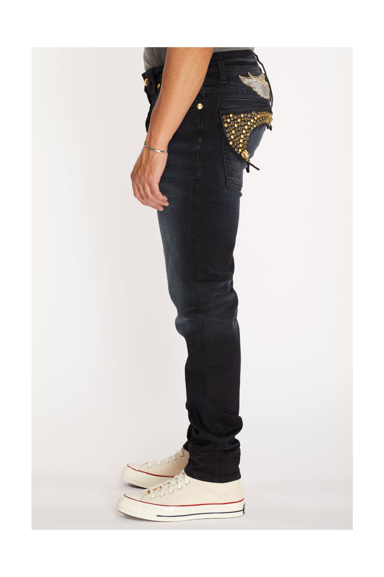 KILLER FLAP MENS SKINNY JEANS IN F_UP WITH CRYSTAL AND SPIKE STUDDING