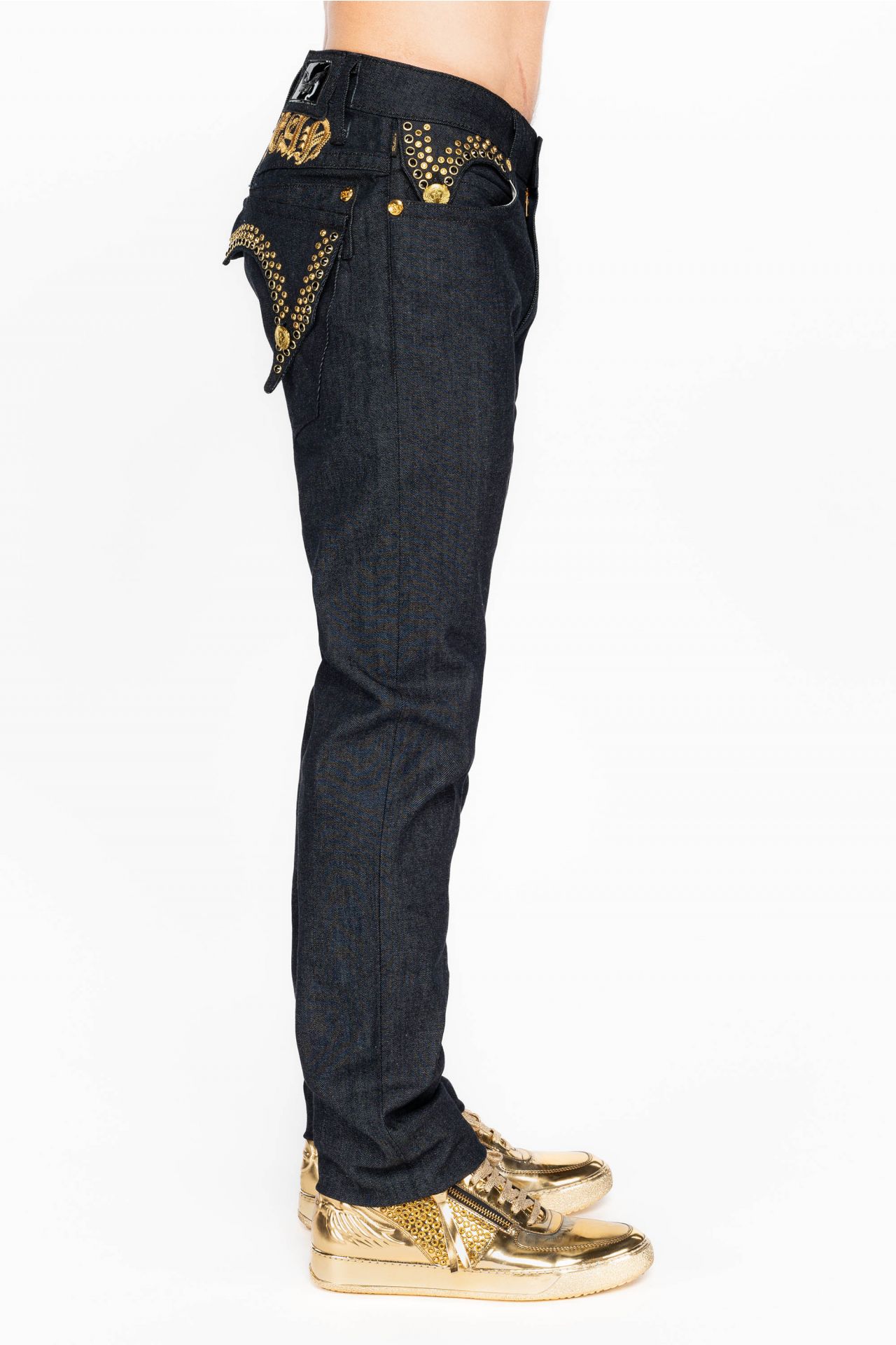 MENS RAW DENIM SLIM FIT KILLER FLAP JEANS WITH GOLD O.E. SCRIPT AND CRYSTALS