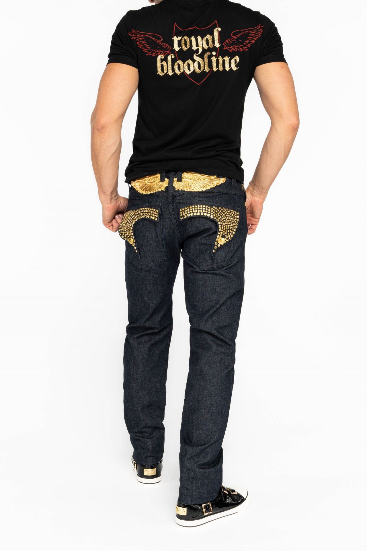 MENS RAW DENIM SLIM FIT KILLER FLAP JEANS WITH GOLD WINGS AND CRYSTALS