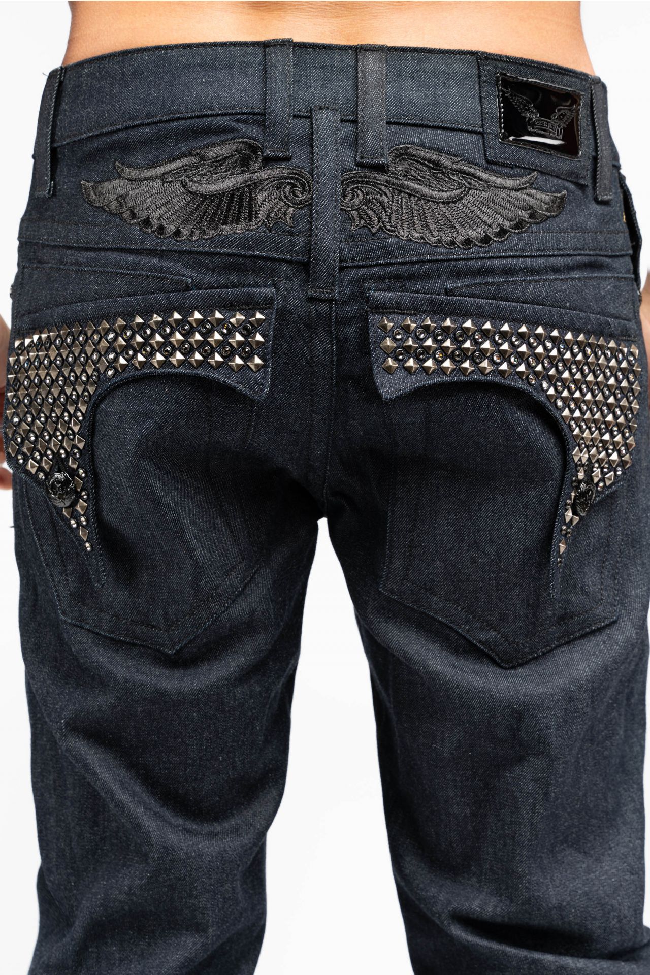 MENS RAW DENIM SLIM FIT KILLER FLAP JEANS WITH WINGS STUDS AND CRYSTALS