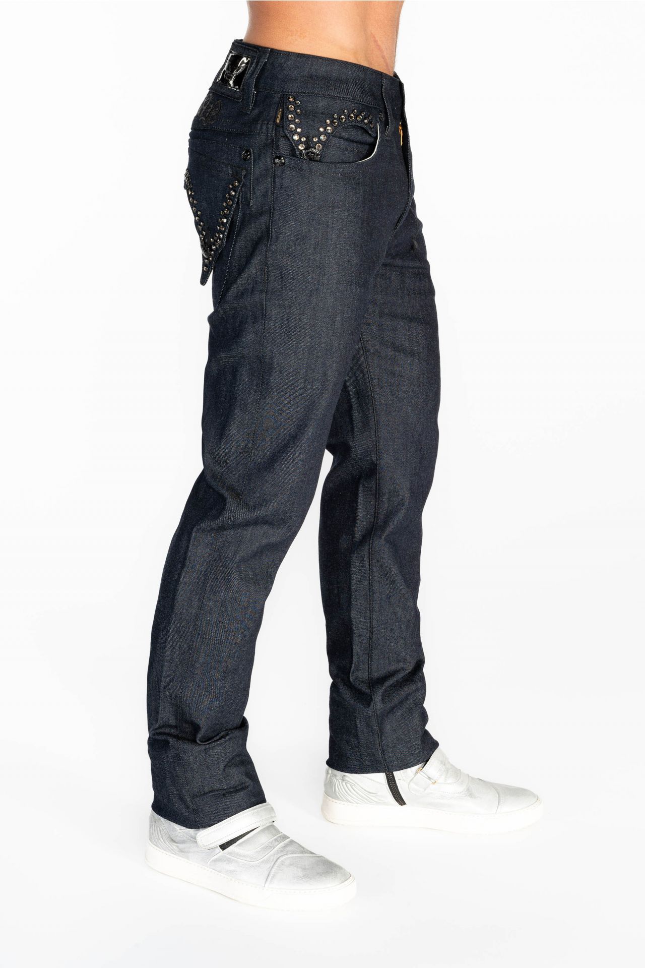 MENS RAW DENIM SLIM FIT KILLER FLAP JEANS WITH O.E. BLACK SCRIPT EMBROIDERY AND CRYSTALS
