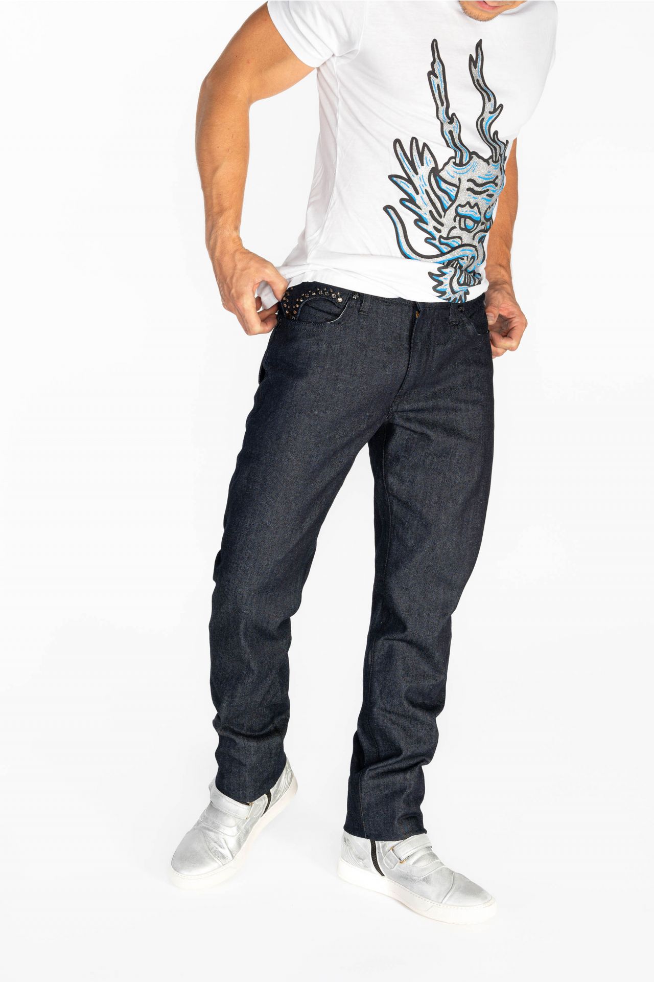 MENS RAW DENIM SLIM FIT KILLER FLAP JEANS WITH O.E. BLACK SCRIPT EMBROIDERY AND CRYSTALS