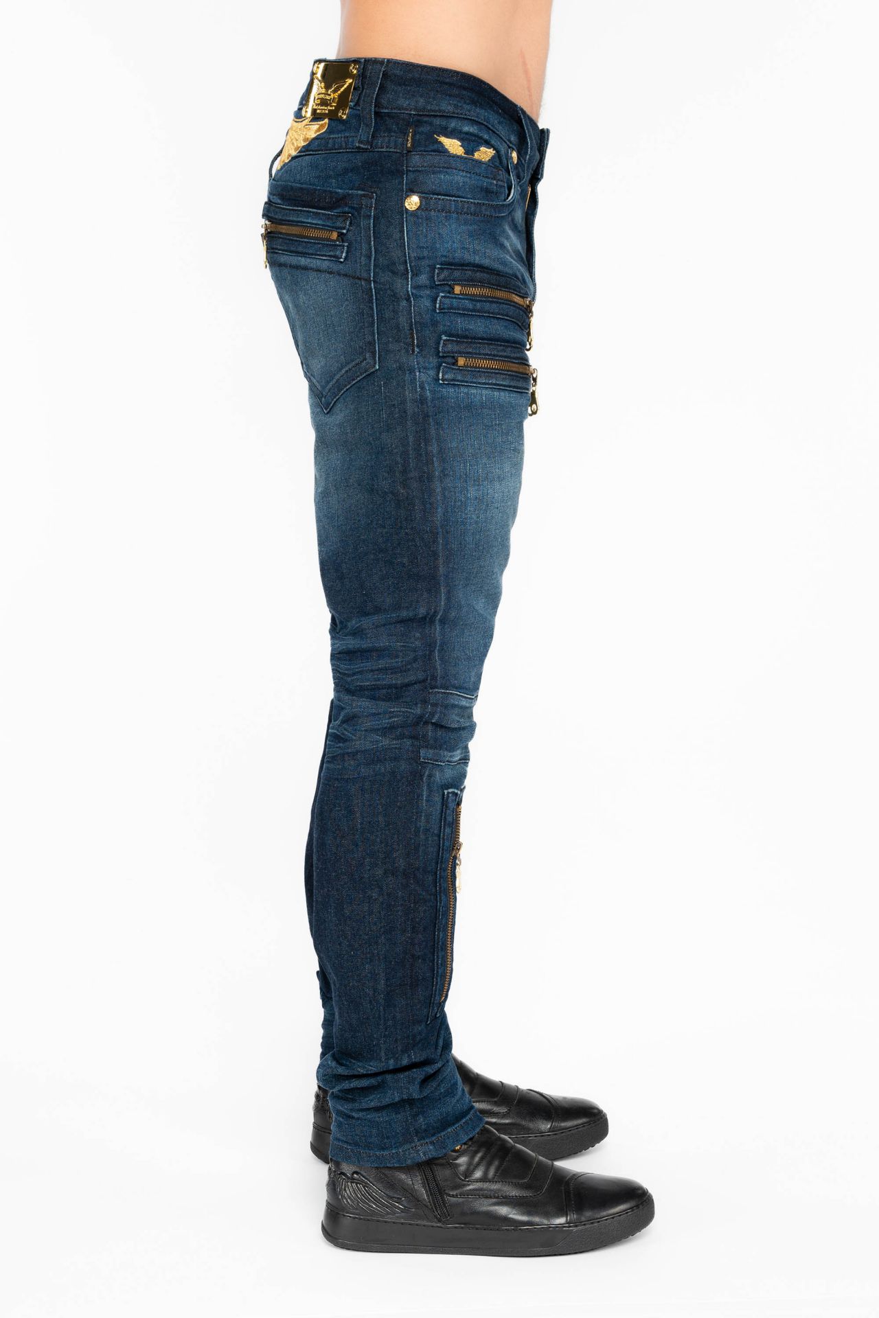 MENS NEW BIKER SKINNY JEANS IN LIBERTY DARK BLUE WITH GOLD WINGS
