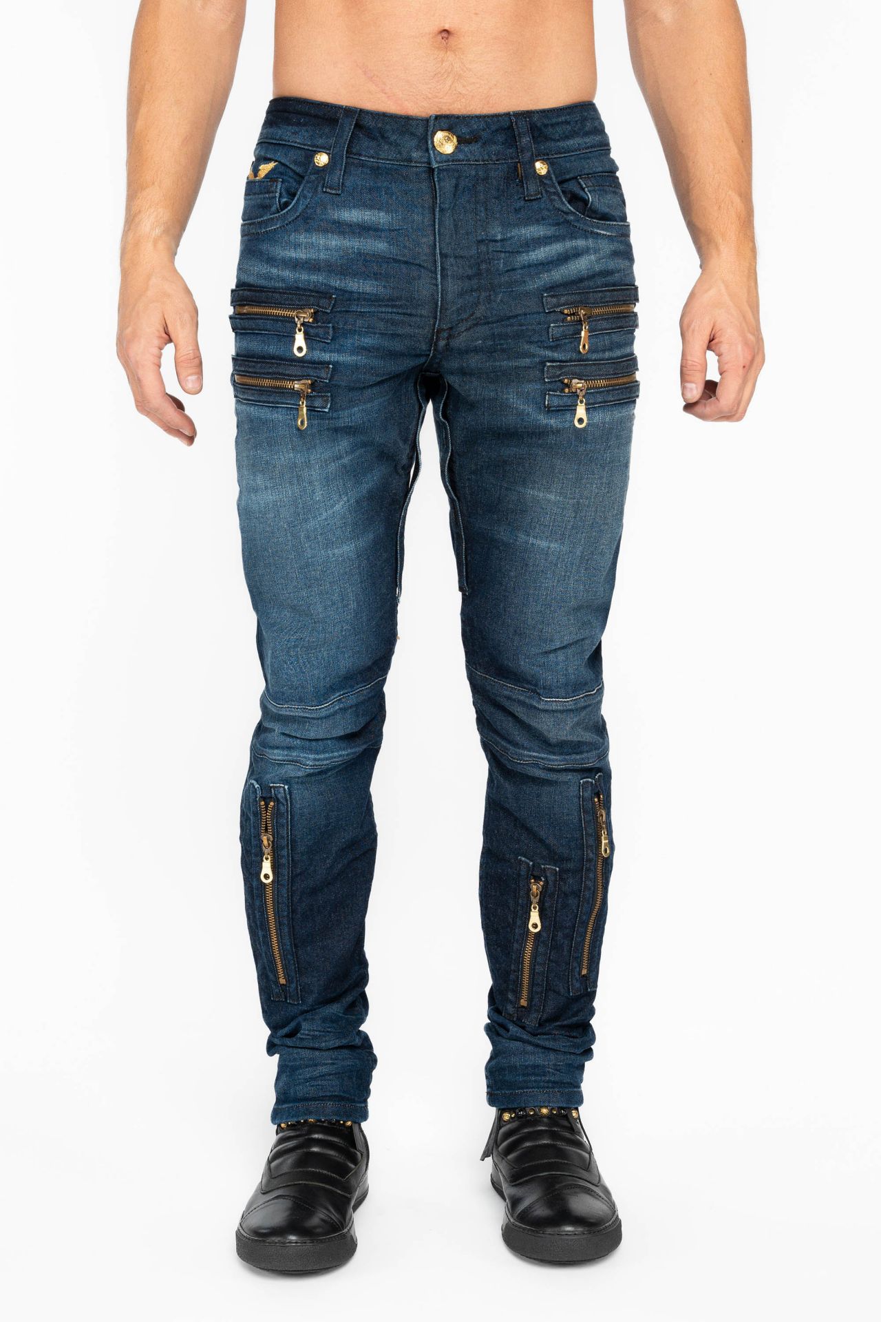 MENS NEW BIKER SKINNY JEANS IN LIBERTY DARK BLUE WITH GOLD WINGS