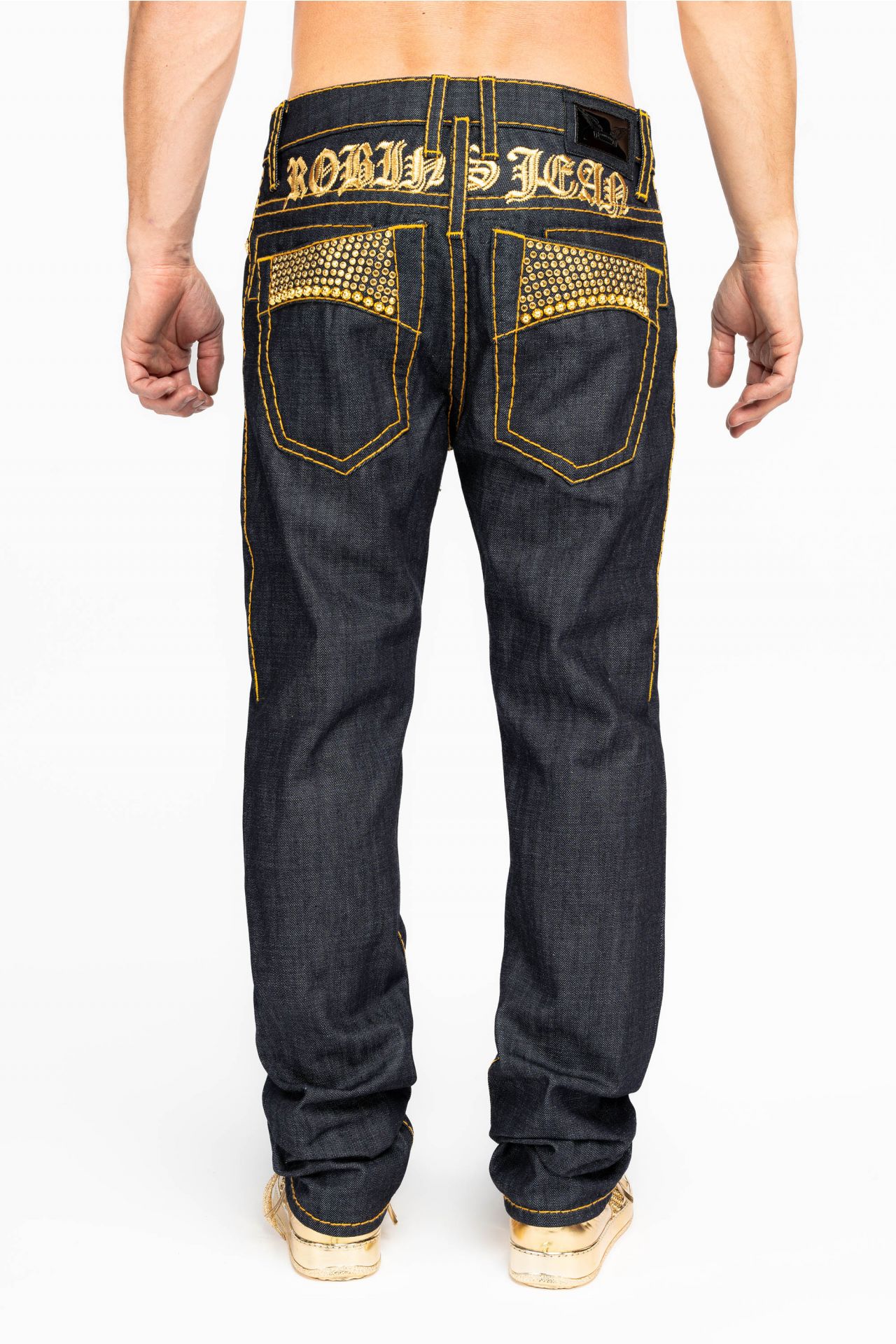 MENS RAW DENIM SLIM FIT CLASSIC JEANS WITH ORANGE HEAVY STITCHING STUDS AND CRYSTALS