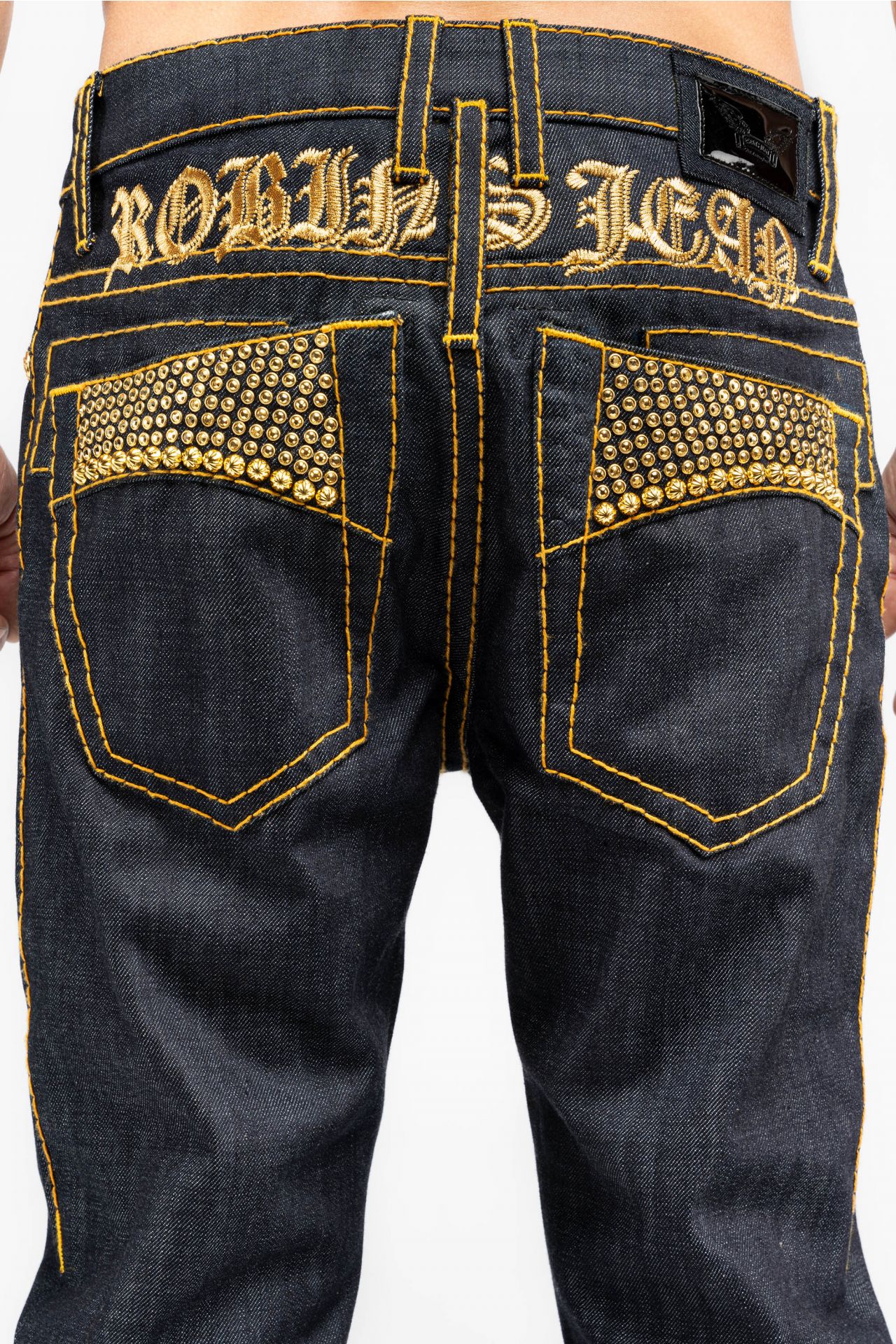 MENS RAW DENIM SLIM FIT CLASSIC JEANS WITH ORANGE HEAVY STITCHING STUDS AND CRYSTALS
