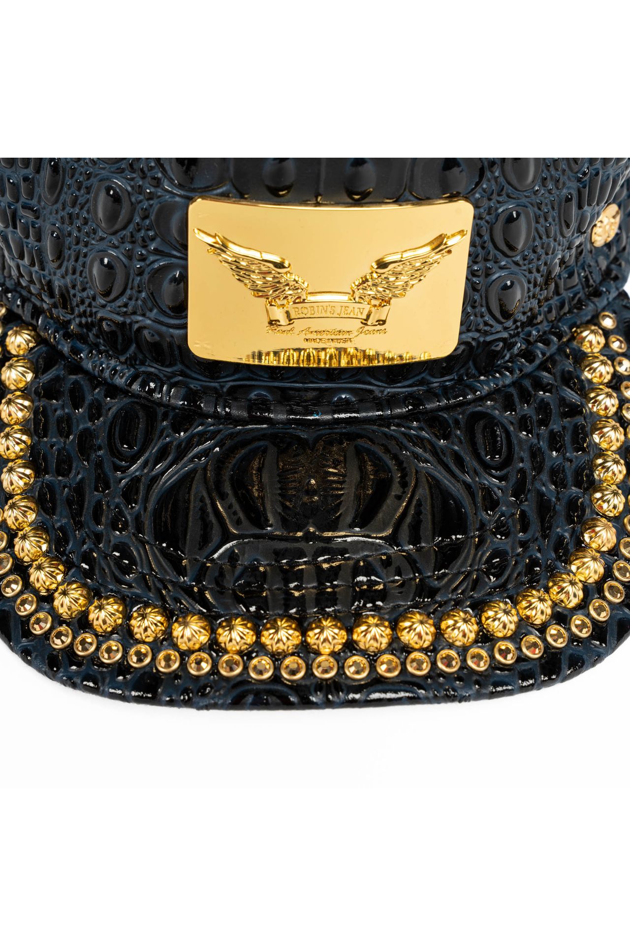 ROBIN'S GOLD TAG CAP IN NAVY CROC WITH STUDS AND CRYSTALS