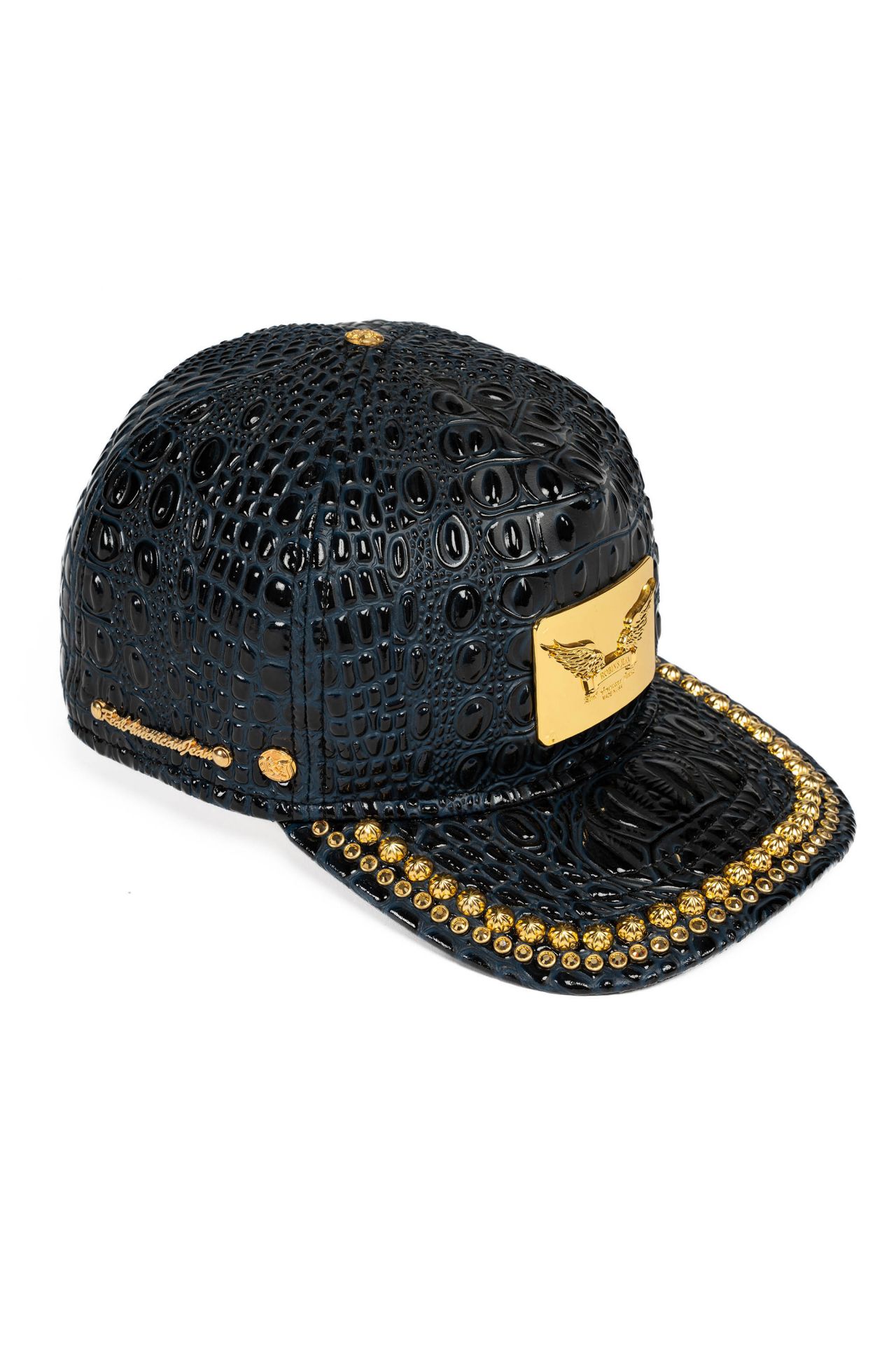 ROBIN'S GOLD TAG CAP IN NAVY CROC WITH STUDS AND CRYSTALS