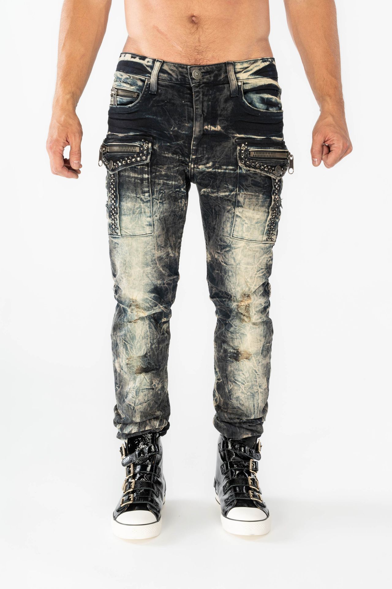 Black Anti Fit Military Jeans with Crystals