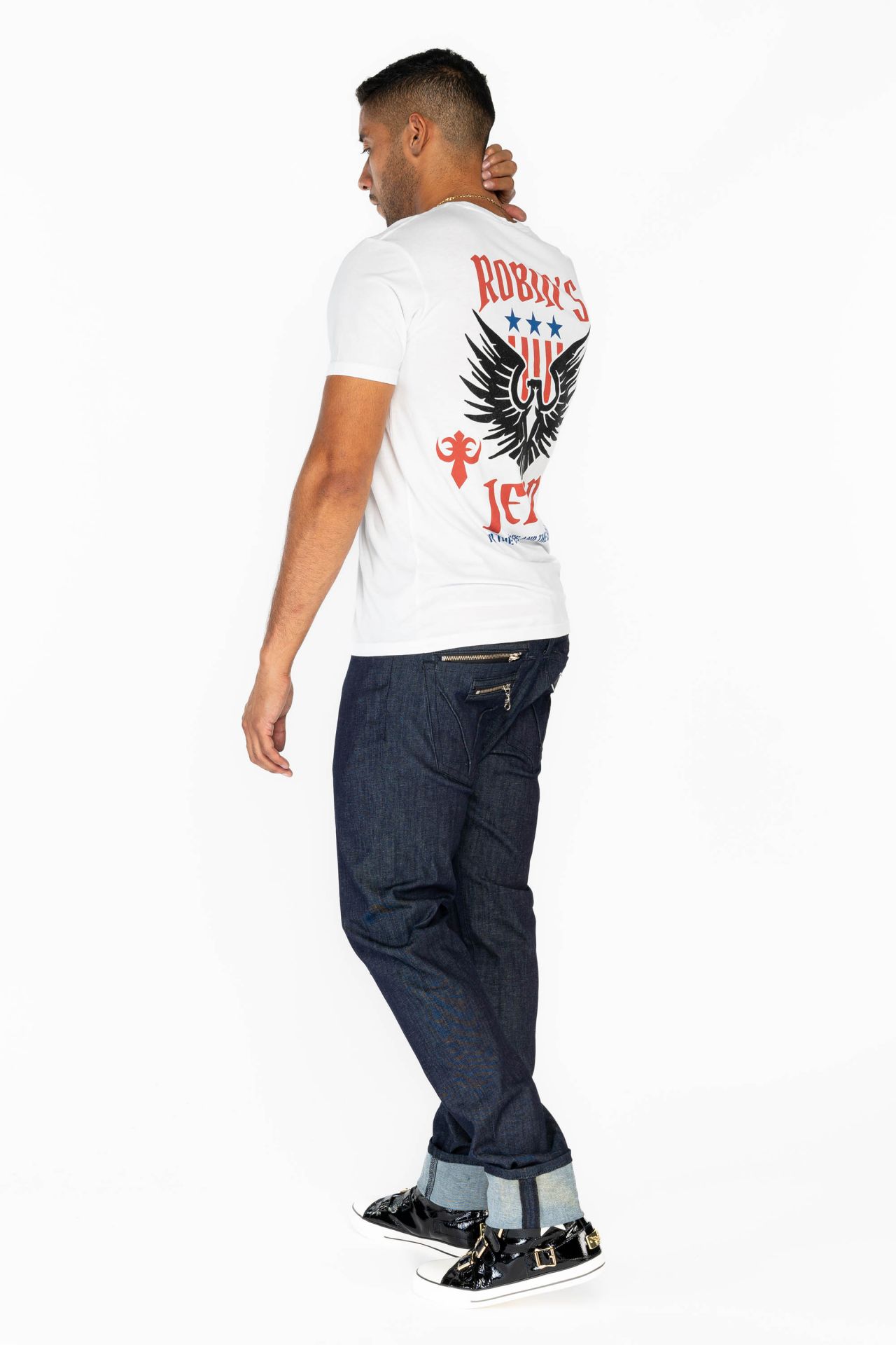 RAW BLACK DENIM MENS SLIM JEANS WITH BRITISH FLAG AND WING EMBROIDERY