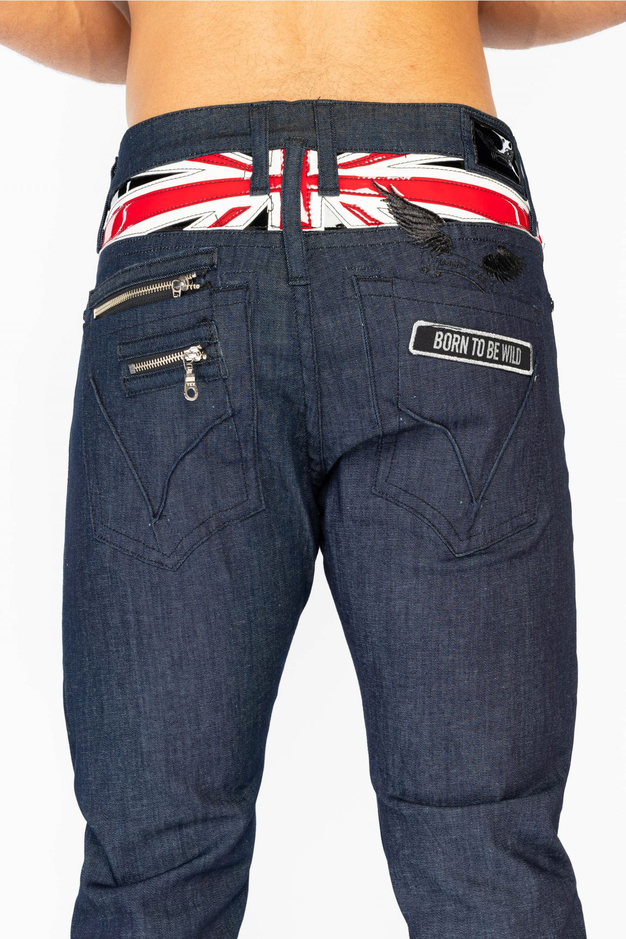 RAW BLACK DENIM MENS SLIM JEANS WITH BRITISH FLAG AND WING EMBROIDERY