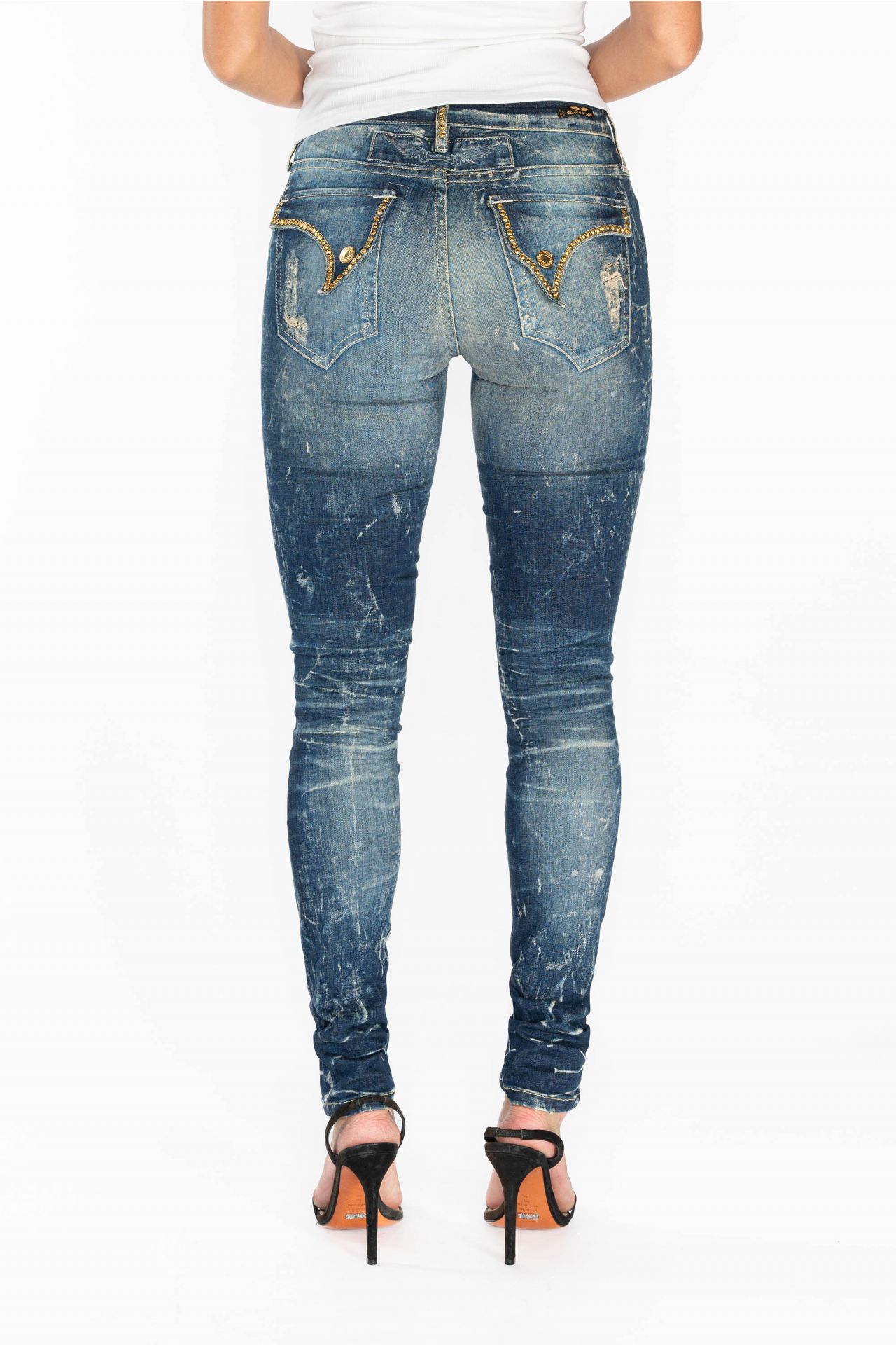 KILLER FLAP WOMENS RIPPED MID RISE SKINNY JEANS IN 4D DARK BROKEN WASH WITH CRYSTALS