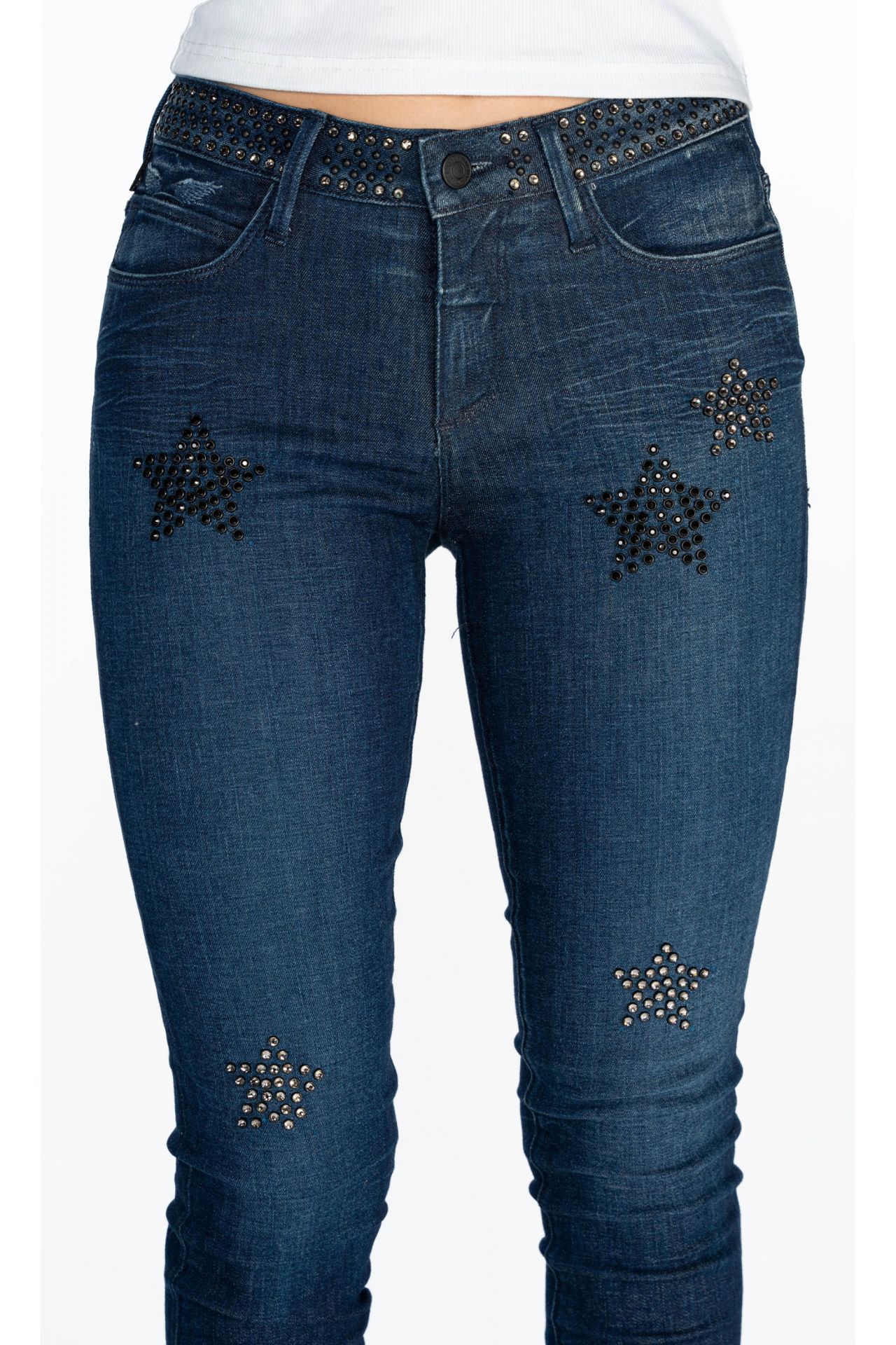 WOMENS MIDRISE SKINNY JEANS IN DARK BLUE WASH WITH CRYSTAL STARS