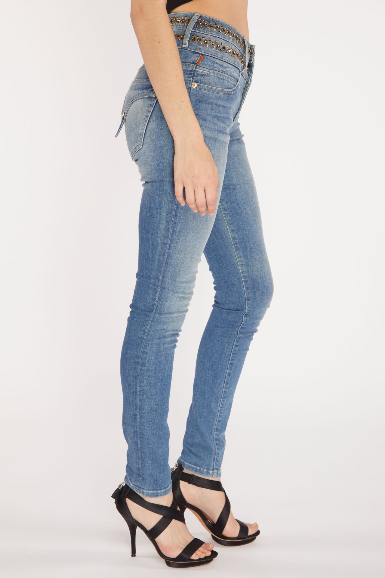 WOMENS KILLER FLAP DOUBLE WAIST HIGH RISE SKINNY JEANS IN ELROY MEDIUM WITH STUDS AND CRYSTALS