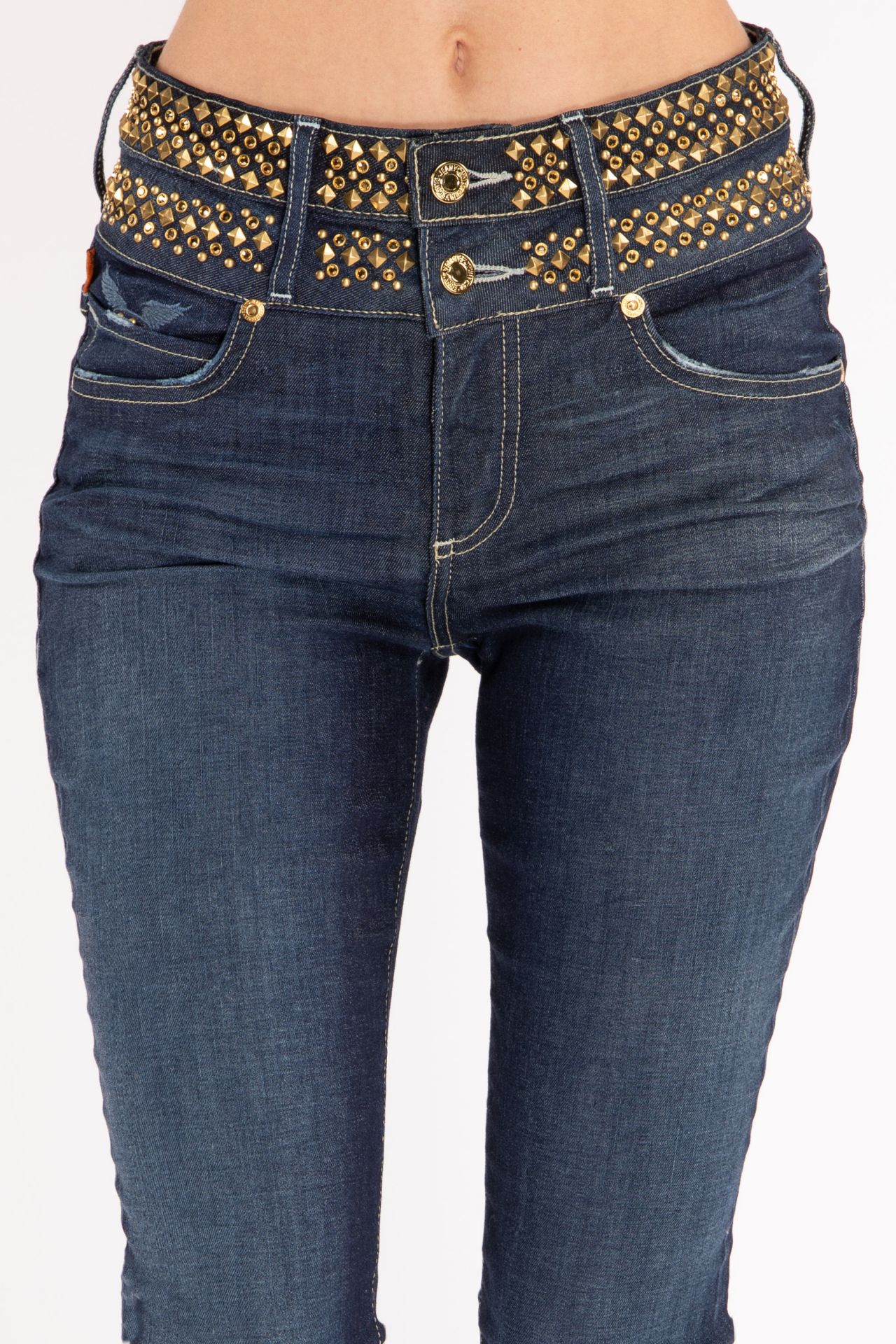 WOMENS KILLER FLAP DOUBLE WAIST HIGH RISE SKINNY JEANS IN LIBERTY DARK WITH STUDS AND CRYSTALS