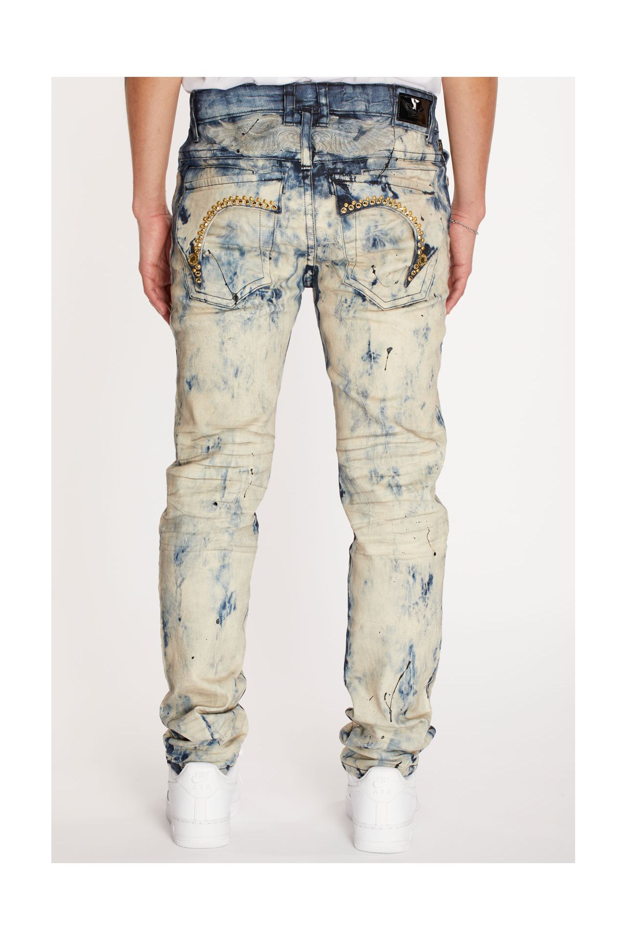 KILLER FLAP MENS SKINNY JEANS IN FROZEN WASH WITH GOLD CRYSTALS