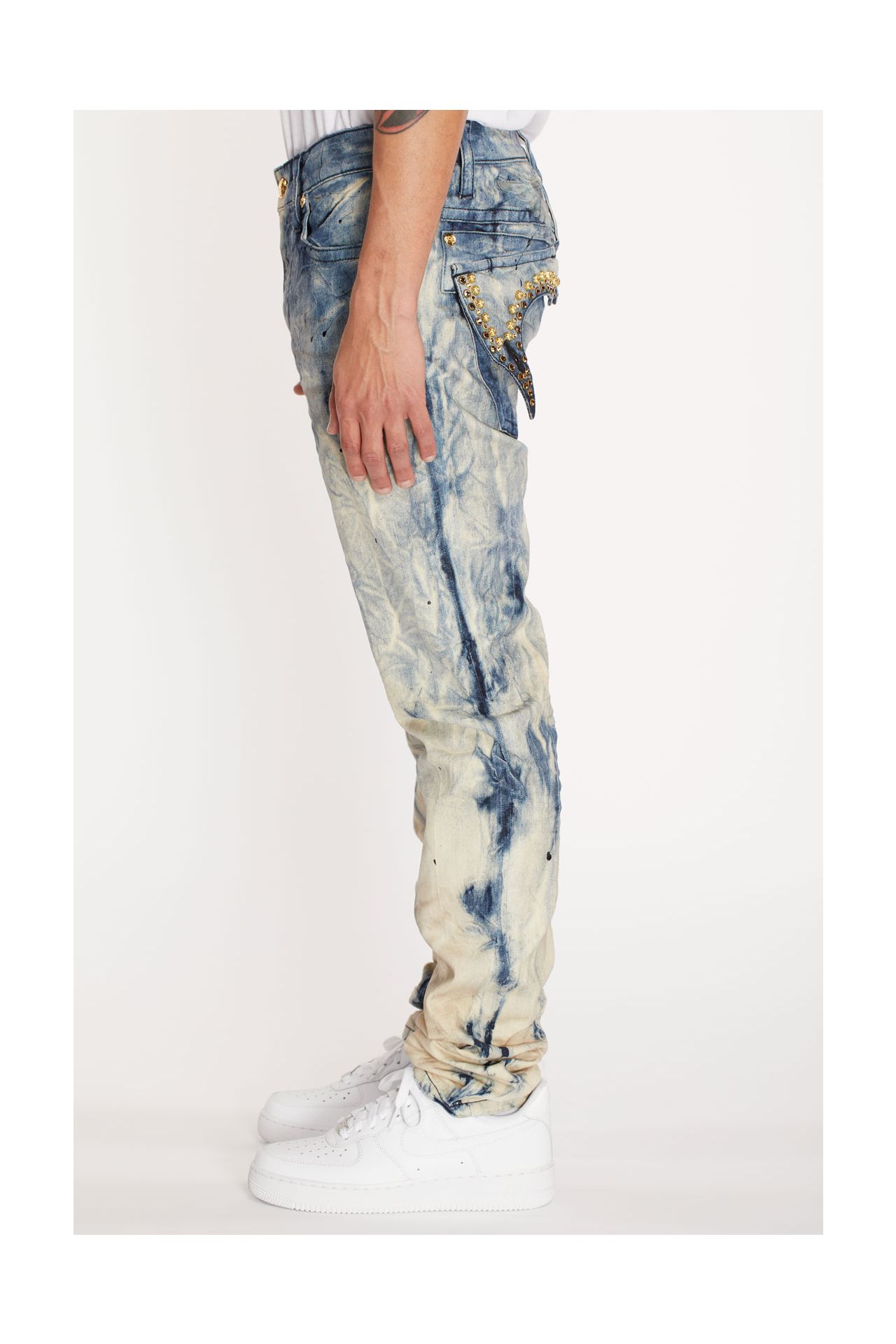 KILLER FLAP MENS SLIM JEANS TIE DYE WASHED WITH INDIGO WINGS AND GOLD  CRYSTALS