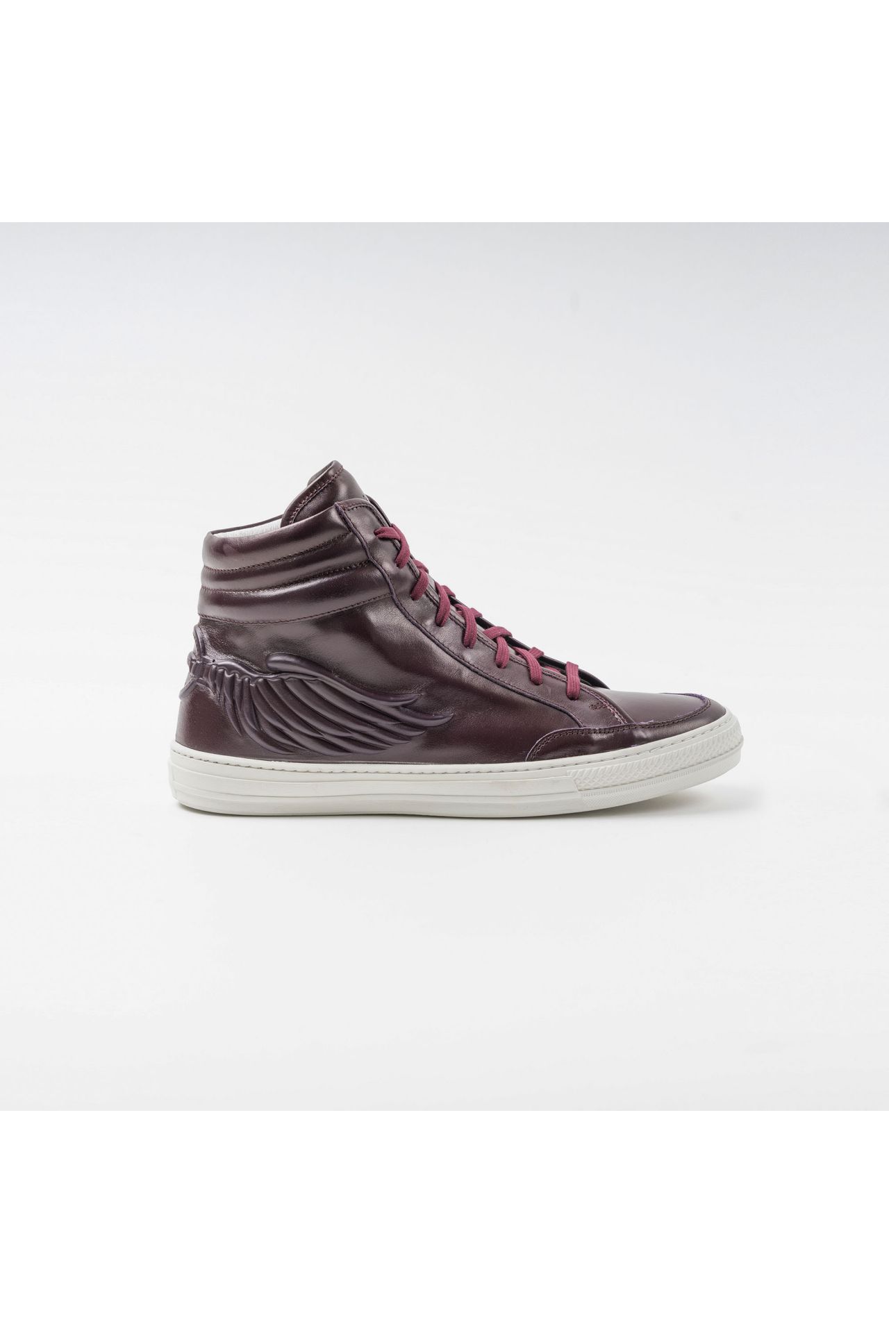 MENS HIGH TOP ZIPPER SNEAKERS IN LAMINATED BURGUNDY LEATHER