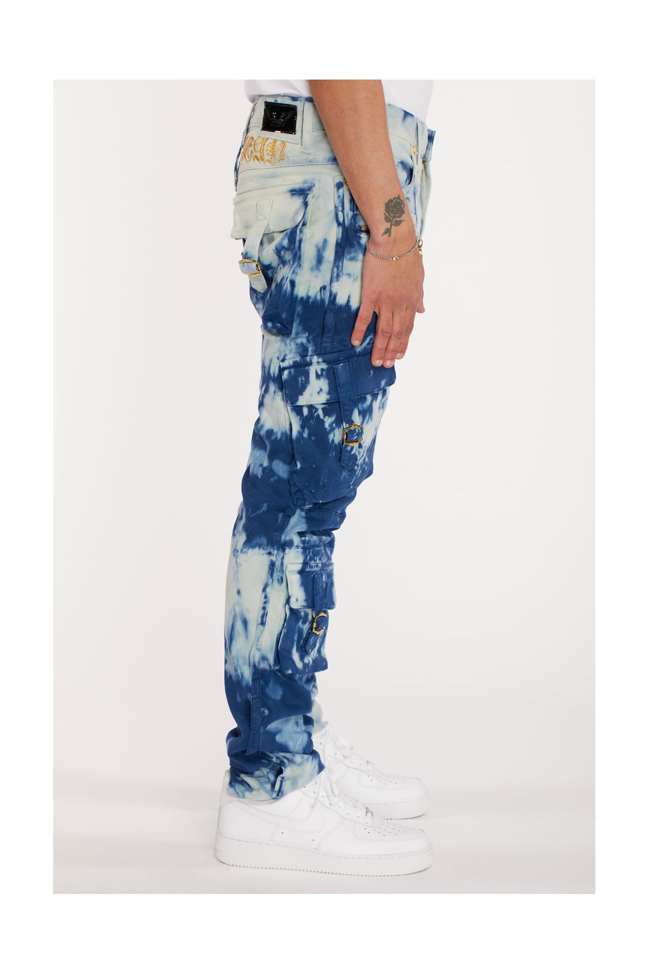 TIEDYE WASH MILITARY STYLE MENS CARGO PANTS IN BLUE AND WHITE