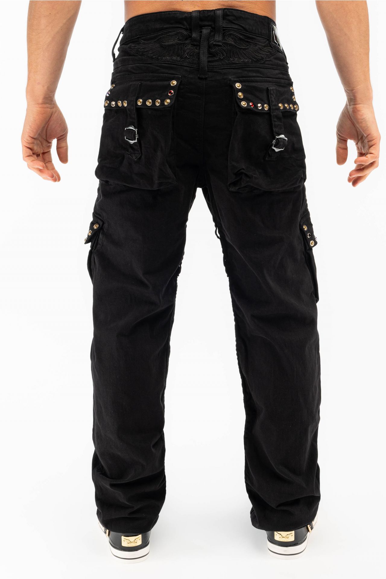 ROBINS NEW MILITARY STYLE CARGO PANTS IN BLACK WITH STUDS AND CRYSTALS