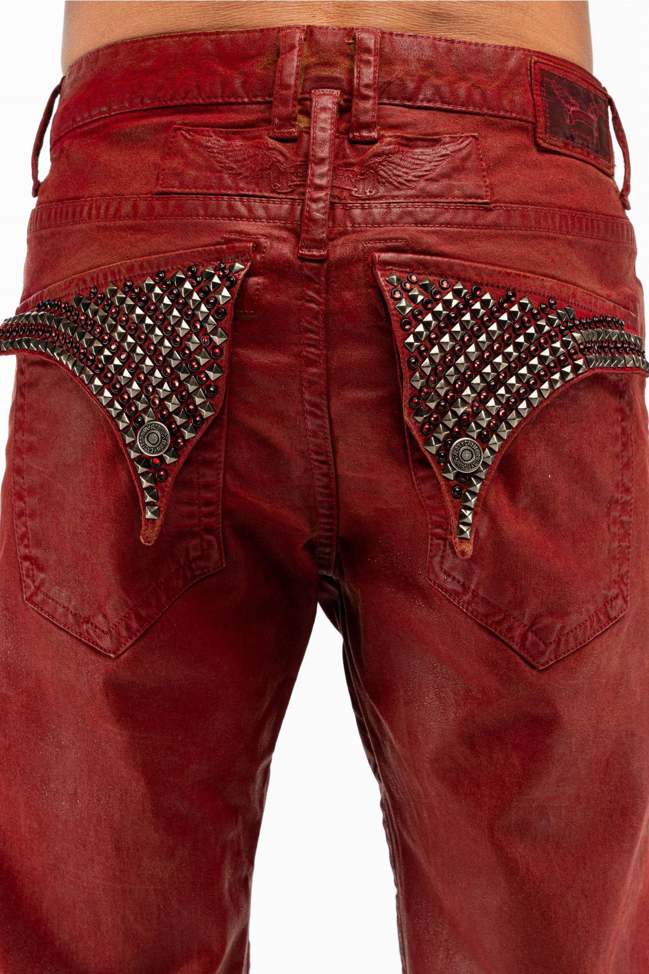 LONG FLAP MENS JEANS IN CUIR RED WITH STUDS AND CRYSTALS