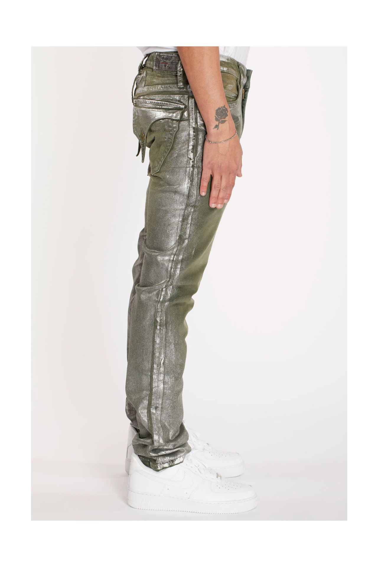 LONG FLAP SLIM FIT MENS JEANS IN OLIVE AND SILVER