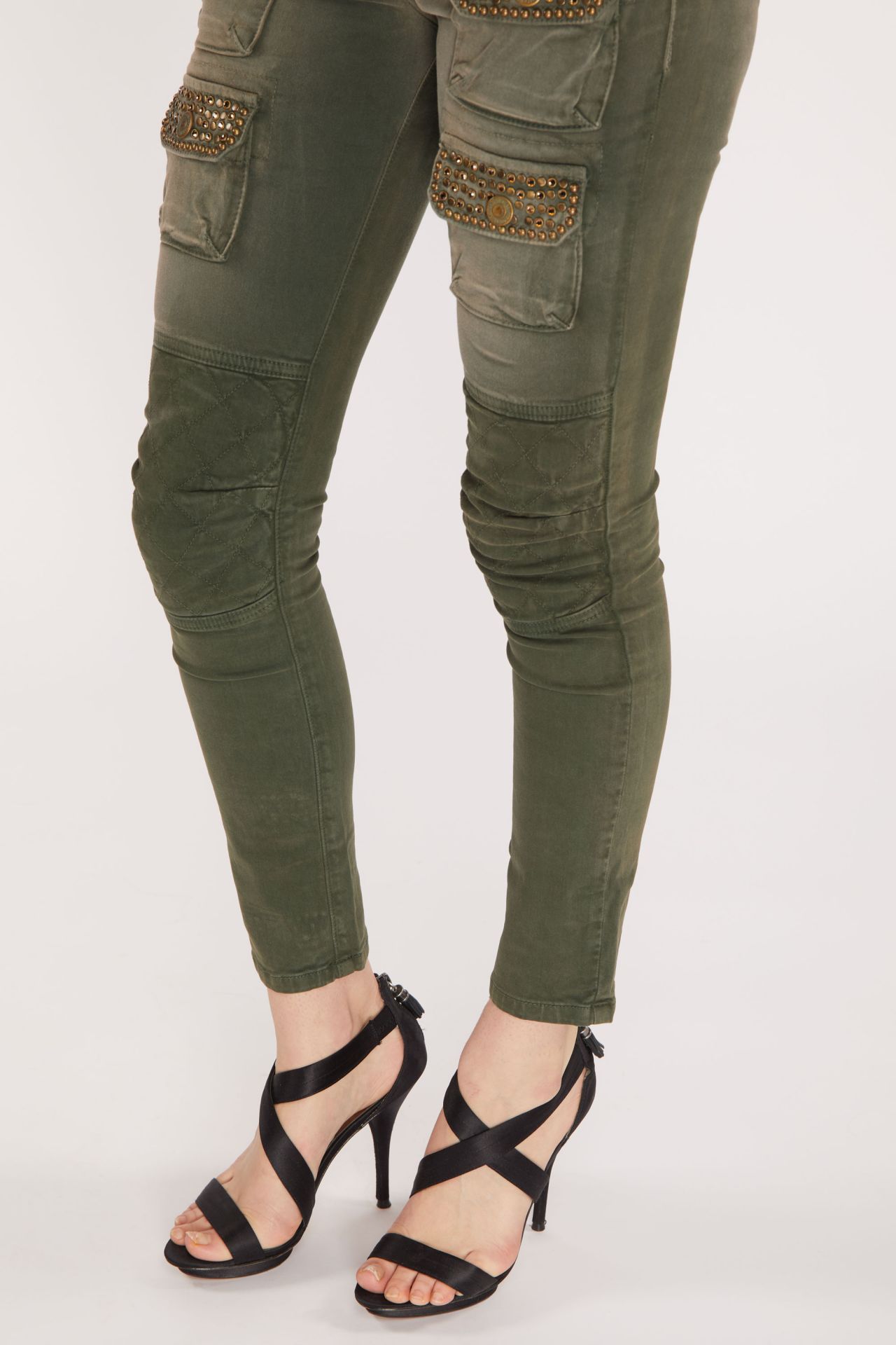 MILITARY INSPIRED WOMEN'S SKINNY UTILITARIAN JEANS IN SULFUR ARMY GREEN WITH STUDS AND CRYSTALS