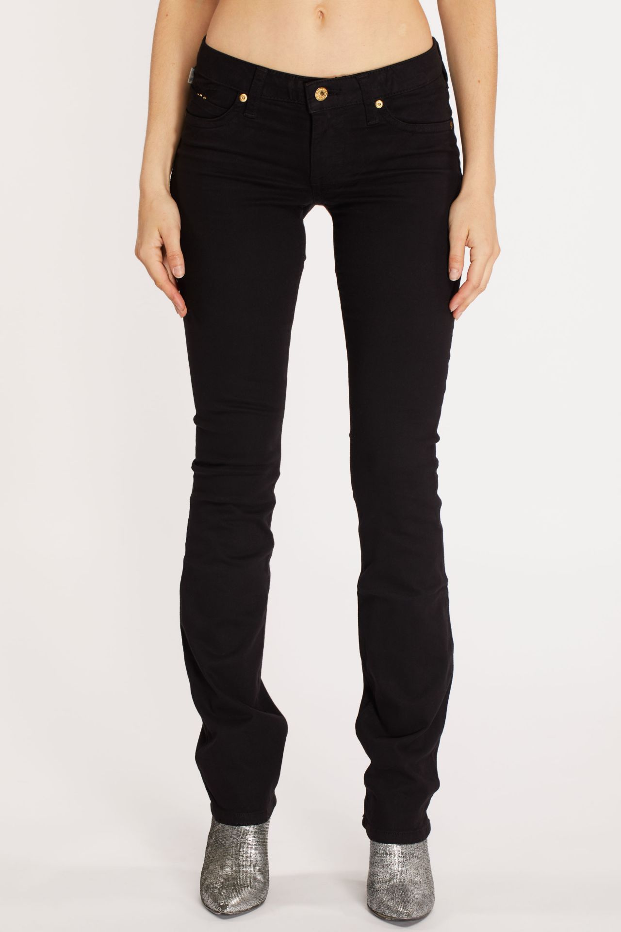 MARILYN WOMENS STRAIGHT LOW RISE JEANS IN BLACK WITH TONAL WINGS