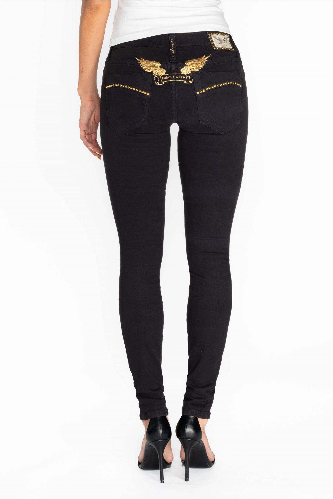 MARILYN LOW RISE WOMENS STUDDED SKINNY JEANS IN BLACK WITH GOLD WINGS AND GOLD CRYSTALS